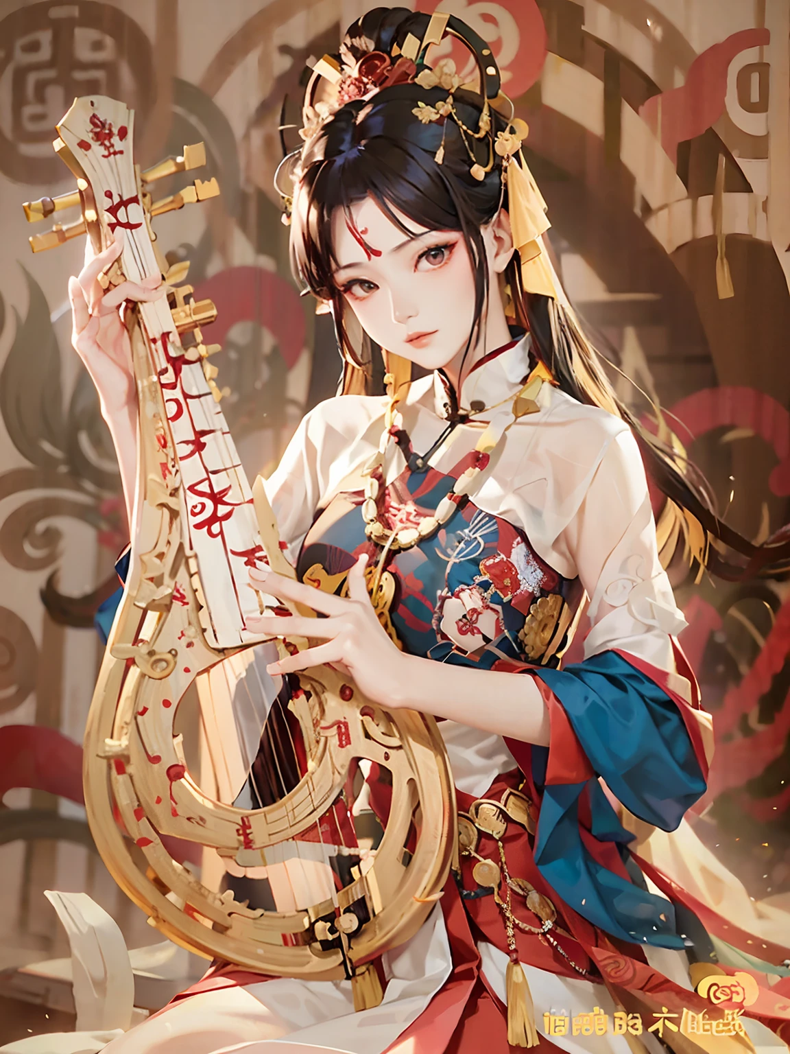 Arad woman in oriental dress，holding an instrument in her hand, inspired by Tang Di, Beautiful rendering of the Tang Dynasty, inspired by Luo Mu, a beautiful fantasy empress, Inspired by Tang Yifen, Chinese traditional, inspired by Gong Xian, Inspired by Qiu Ying, Inspired by Huang Ji, inspired by Park Hua, Holding a lute, Hanfu