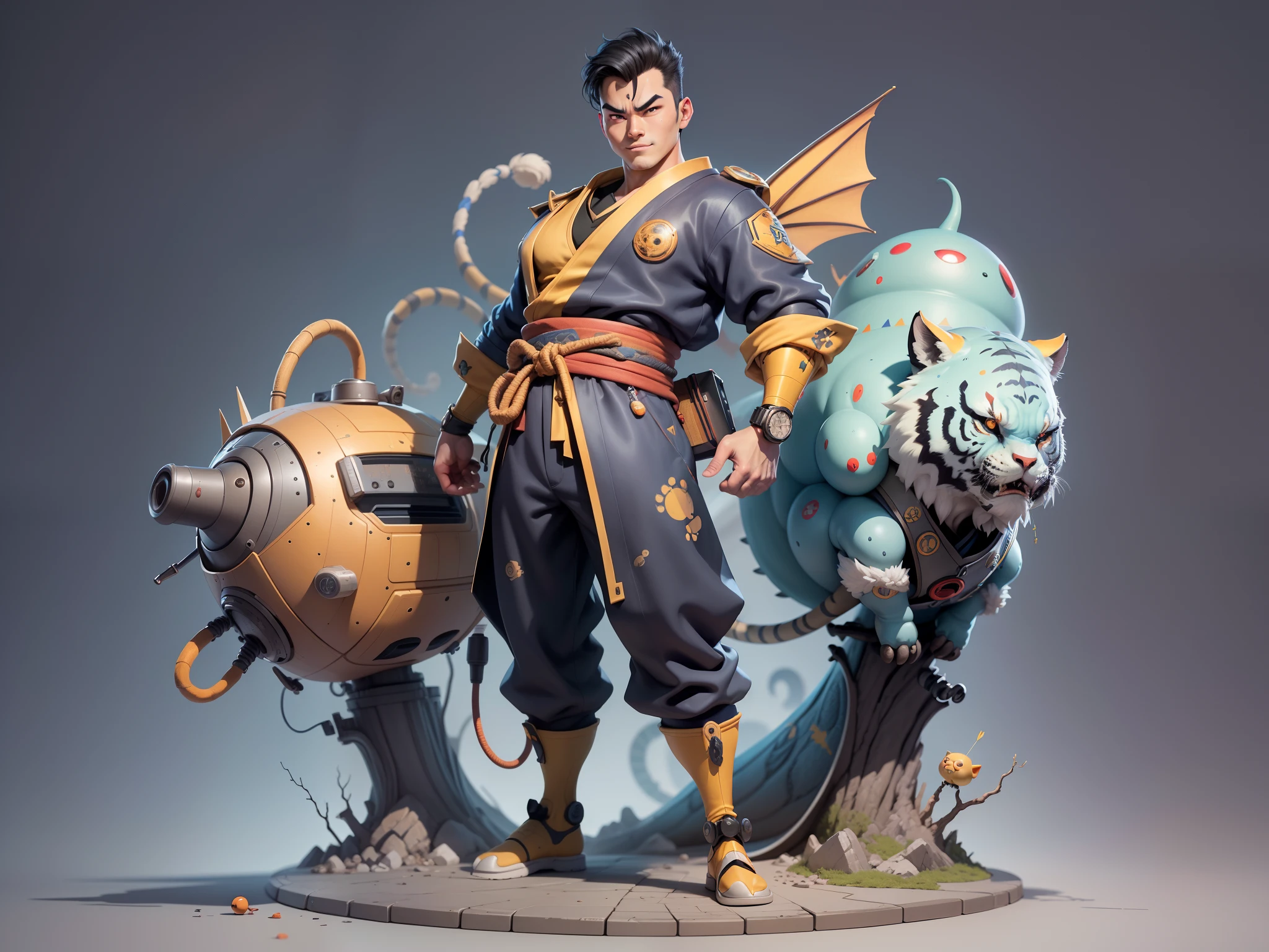 (Masterpiece), (Excellent), (Super Meticulous), (Full Body: 1.2), Super Young Man, Oriental Face, Japanese Kimono, Japanese Wind Thunder God, Dragon, Tiger, TV Anchor, Bust Portrait Illustration, Alone, Black Suit, Blue Tie, Slightly Chubby Face, Very Clean Face, No Beard, Black Super Short Hair, Black Eyes, Confident Smile, 3c Computer Sub-Products, iPad, iPhone, Digital Painting, 3D Character Design by Akira Toriyama and Mark Claireden and Pixar and Hayao Miyazaki, The illustration is a high-definition illustration in 4K resolution with very detailed facial features and cartoon-style visuals.