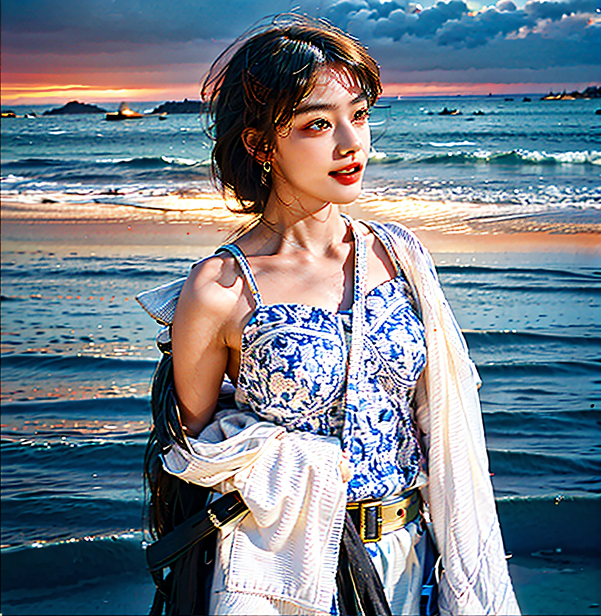 Best quality, masterpiece, ultra high res, raw photo, beautiful and aesthetic,deep shadow, dark theme,(photorealistic:1.4),
(1girl, long hair, laughing, (wind blowing hair, black hair with bangs), print shirt, small face, off shoulders), slim body, fit, cowboyshot, fashi-girl,
Graceful poise, evocative atmosphere, magnetic presence, refined seduction, captivating mystique,
Intricate zentangle patterns, a single female figure, astonishing level of detail, generously endowed, portrait composition, striking perspective, a chaotic masterpiece, gracefully poised, inspired by brutalist architecture, vibrant color palette, undertones, outdoors,