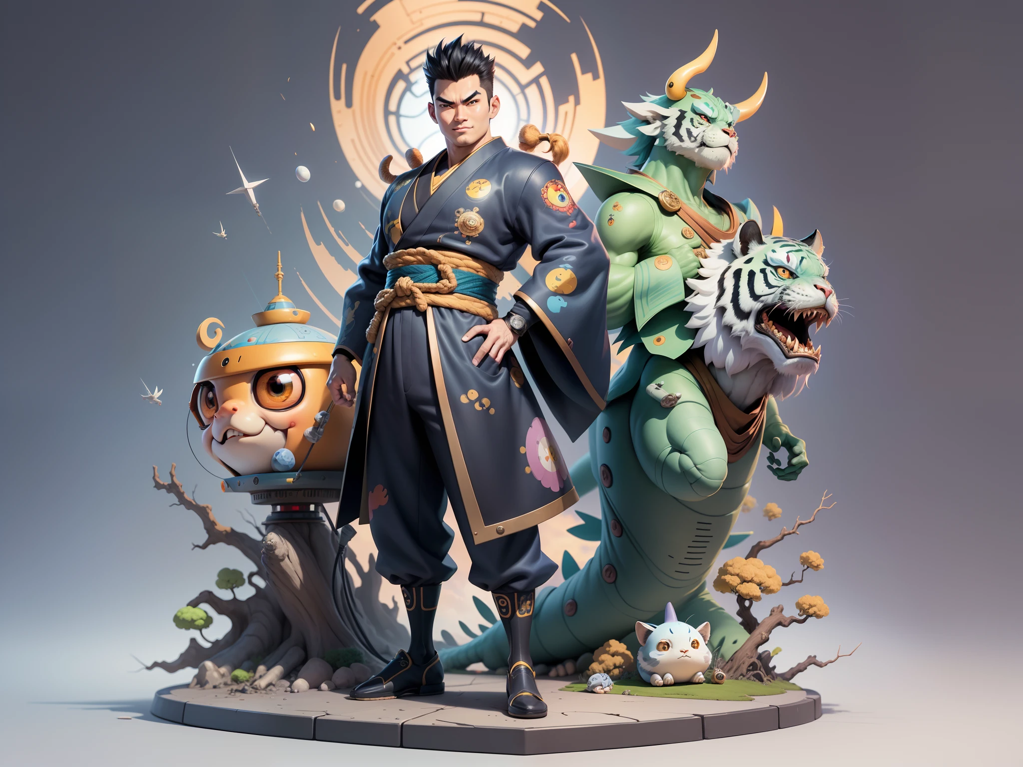 (Masterpiece), (Excellent), (Super Meticulous), (Full Body: 1.2), Super Young Man, Oriental Face, Japanese Kimono, Japanese Wind Thunder God, Dragon, Tiger, TV Anchor, Bust Portrait Illustration, Alone, Black Suit, Blue Tie, Slightly Chubby Face, Very Clean Face, No Beard, Black Super Short Hair, Black Eyes, Confident Smile, 3c Computer Sub-Products, iPad, iPhone, Digital Painting, 3D Character Design by Akira Toriyama and Mark Claireden and Pixar and Hayao Miyazaki, The illustration is a high-definition illustration in 4K resolution with very detailed facial features and cartoon-style visuals.