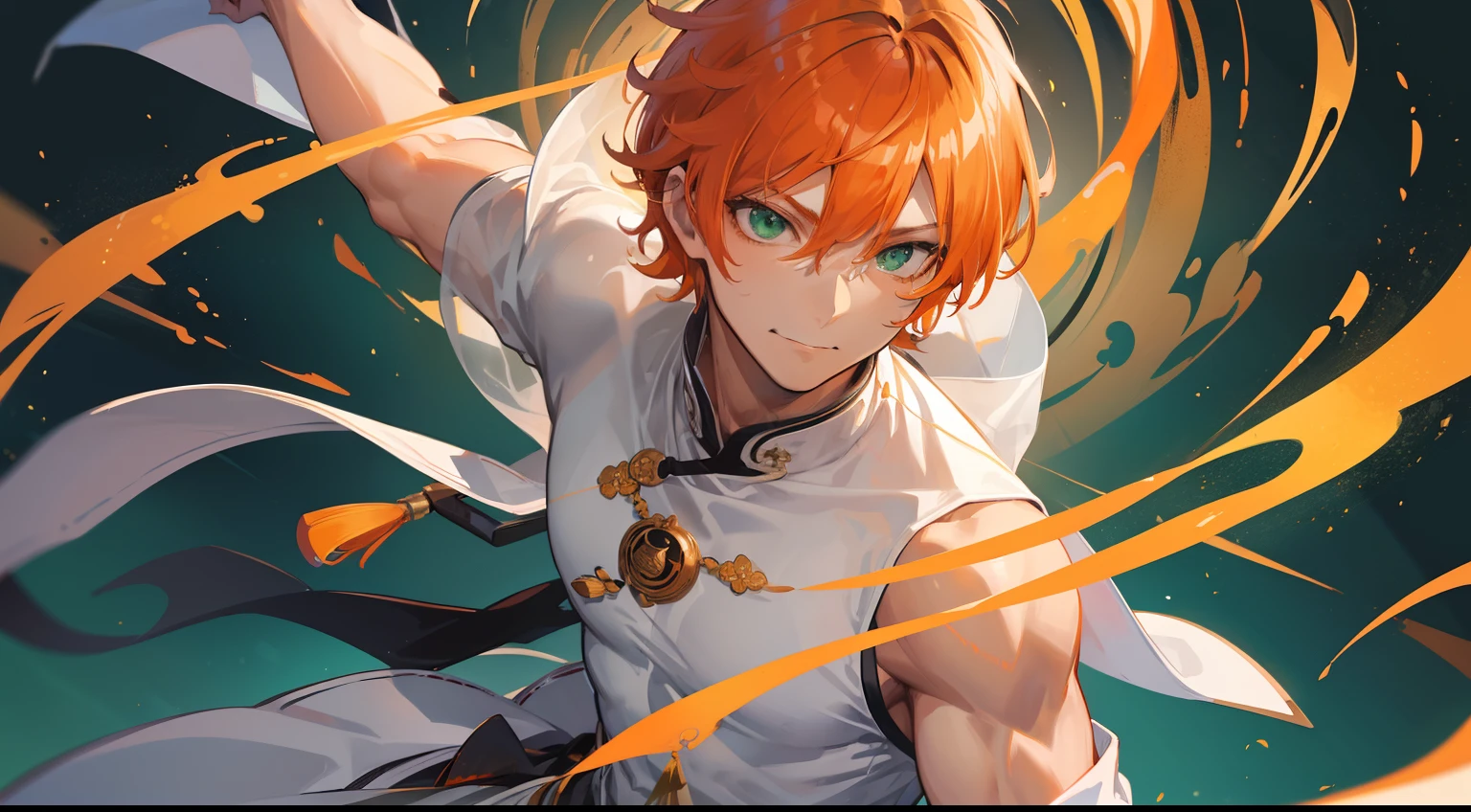 ((((One guy)))),Fighting、A smile,(((Guy))), (((man))), (((Man's))),(((masutepiece))), (((Beautiful lighting))),(((muscular))),(((man))),),(((Green eyes))),(((Orange hair))), Male face,male eyebrows, Male Eyes, Eyelashes, Medium Hair,Beautiful face, v shaped_eyebrow,White skin,Transparent wings,Chinese_Clothes,(((Black clothes,)))garters_lanyard, See-through,The light of the Buddha shines, holy,
