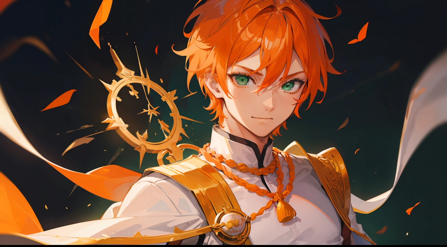 ((((One guy)))),Fighting、A smile,(((Guy))), (((man))), (((Man's))),(((masutepiece))), (((Beautiful lighting))),(((muscular))),(((man))),),(((Green eyes))),(((Orange hair))), Male face,male eyebrows, Male Eyes, Eyelashes, Medium Hair,Beautiful face, v shaped_eyebrow,White skin,Transparent wings,Chinese_Clothes,(((Black clothes,)))garters_lanyard, See-through,The light of the Buddha shines, holy,
