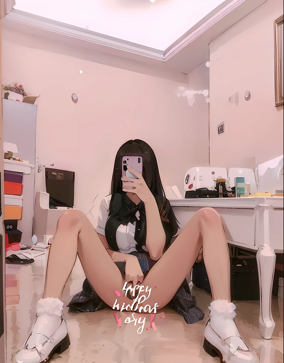 there is a woman sitting on a floor taking a picture of herself, the anime girl is crouching, sitting in her room, Legs spread, ulzzangs, she is happy,   satisfied pose, juicy legs, she is posing，Hands touching private parts，Take a selfie with your phone，cellular phone，self-shot，