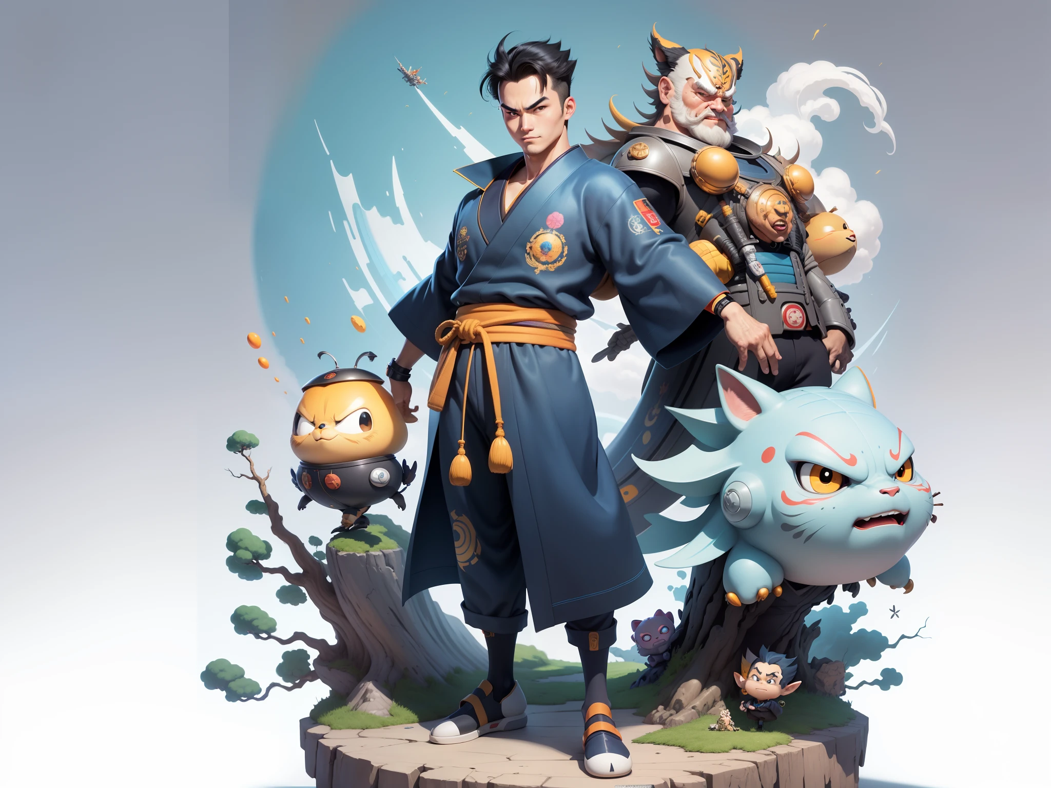 (Masterpiece), (Excellent), (Super Meticulous), (Full Body: 1.2), Super Young Man, Oriental Face, Japanese Kimono, Japanese Wind Thunder God, Dragon, Tiger, TV Anchor, Bust Portrait Illustration, Alone, Black Suit, Blue Tie, Slightly Chubby Face, Very Clean Face, No Beard, Black Super Short Hair, Black Eyes, Confident Smile, 3c Computer Sub-Products, iPad, iPhone, Digital Painting, 3D Character Design by Akira Toriyama and Mark Claireden and Pixar and Hayao Miyazaki, The illustration is a high-definition illustration in 4K resolution with very detailed facial features and cartoon-style visuals.