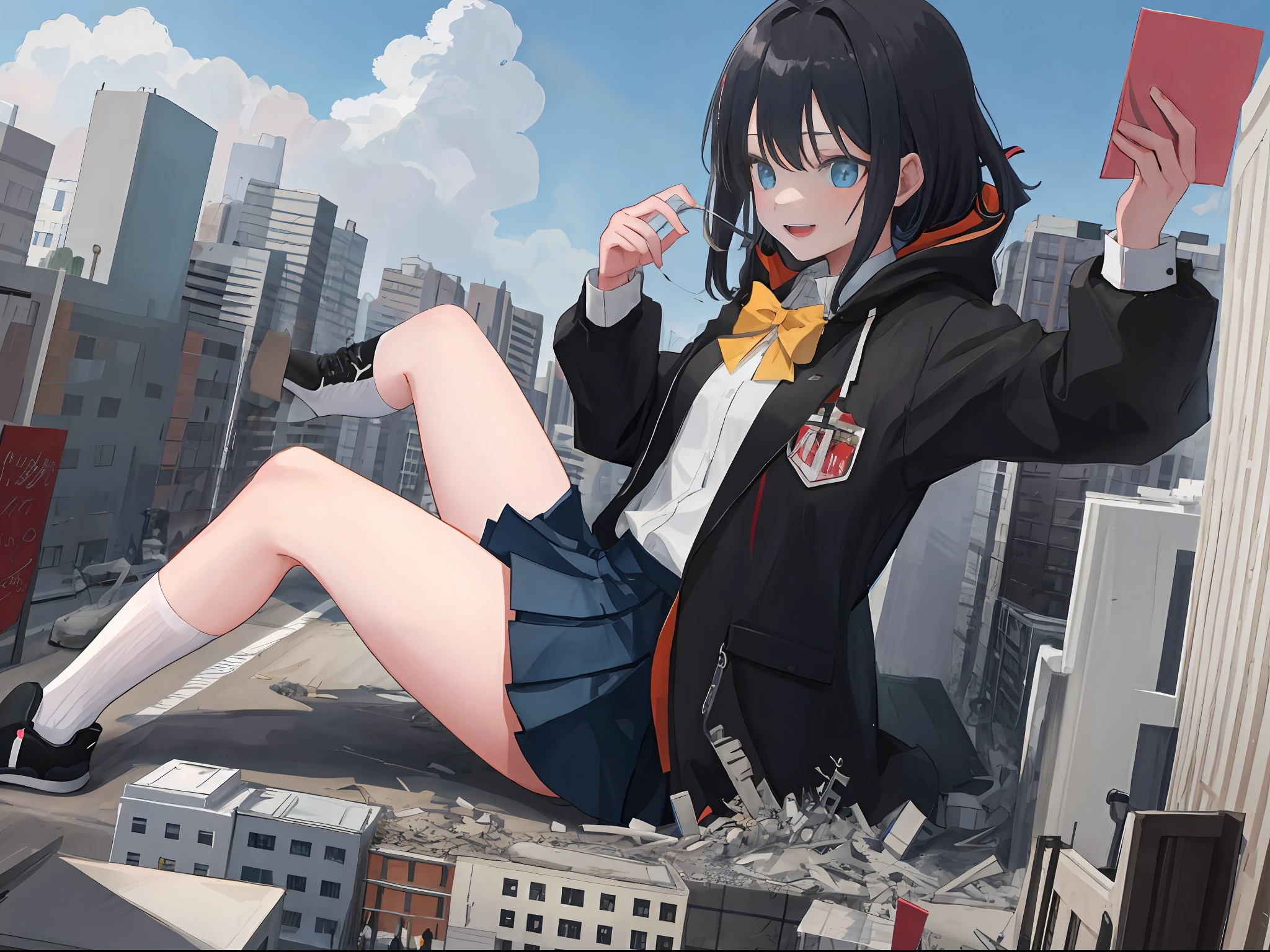 1girl, Two legs, Two hands, Bigger than the building, Black hair, blue eyes, bangs, suit, black tie, Black pleated skirt, Black socks, Sneakers, White jacket, Animal hood, Open jacket, school uniform, puffy long sleeves, sitting, Smile, Naughty, Anatomically correct, Textured skin, GTSCity, destroyed buildings, city model,