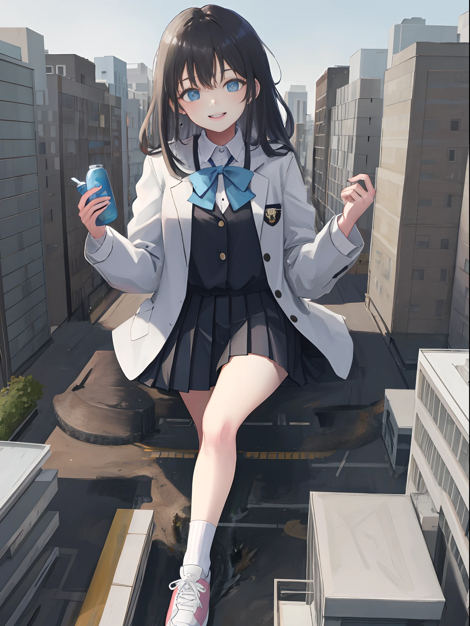1girll, Two legs, Two hands, Bigger than the building, Black hair, Blue eyes, bangs, suit, black necktie, Black pleated skirt, Black socks, Sneakers, White jacket, Animal hood, Open jacket, school uniform, puffy long sleeves, Sitting, Smile, Naughty, Anatomically correct, Textured skin, GTSCity, Destroyed buildings, City model,
