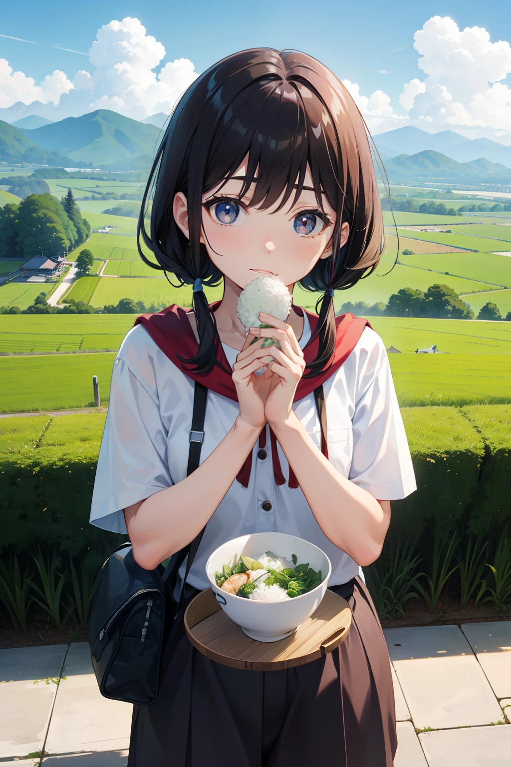 Den-en Chofu、Rice from Fukui、Archaeopteryx in the blue sky、Cute girl eats rice balls deliciously in the countryside