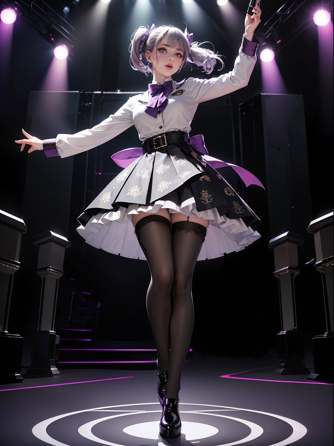(full body:1.5),(1girl:1.3),(looking at viewer:1.4),(anatomy correct:1.3),(Singing with a microphone on stage:1.5),(Wearing idol singer Set JK uniform printed Ultra short pleated skirt and JK uniform leather shoes with bow decoration ,and Very thick Printed Lolita Pantyhose :1.35), (Light particle effect:1.3),(In pink | amarelo | blue colors| green color |red colors | white colors| black in color| purpleish color| greys| Beige| Flesh color 1.4),(Glowing eyes:1.3),(Large amplitude action: 1.3),(Accurate and perfect face:1.4),(Clothing Gloss:1.25),(Skin reflection:1.25),hyper HD, Ray traching, reflective light,structurally correct, Award-Awarded, high detal, lightand shade contrast, Face lighting,cinmatic lighting, tmasterpiece, super detailing, high high quality, high detal, best qualityer, 16k,high contrast,