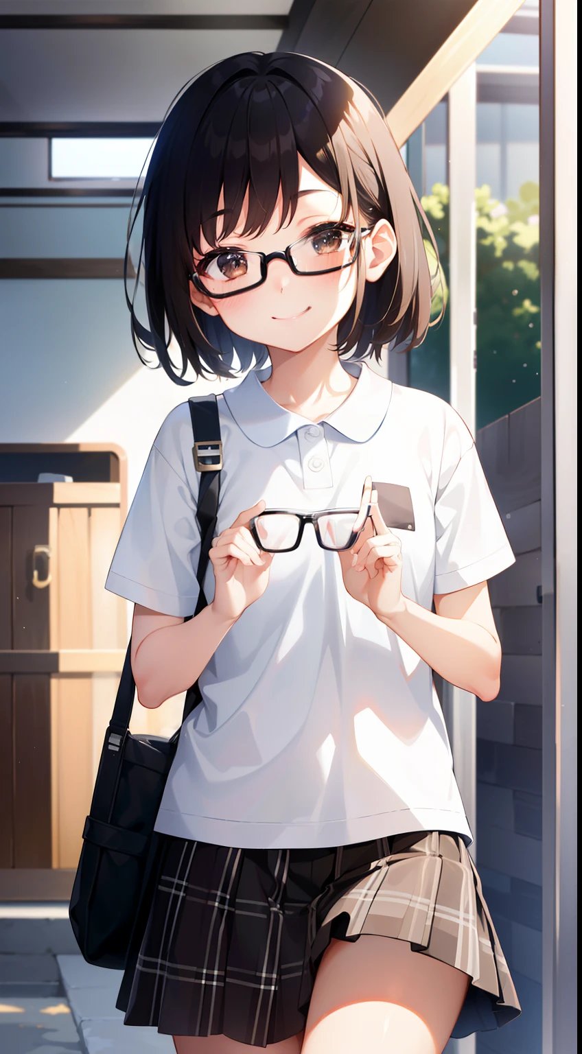 (masutepiece, Best Quality, Capture super cute moments, depth of fields, ultra-detailliert, Ultra High Resolution, C4D, Octadale, 3D Modeling, 8K, 16 K, girl with、a junior high school student、A dark-haired、short-hair、straight haired、Light brown eyes、hair adornments、wearing black glasses、A smile、cute  face)、polo shirts、plaid skirts、live house、Keeter