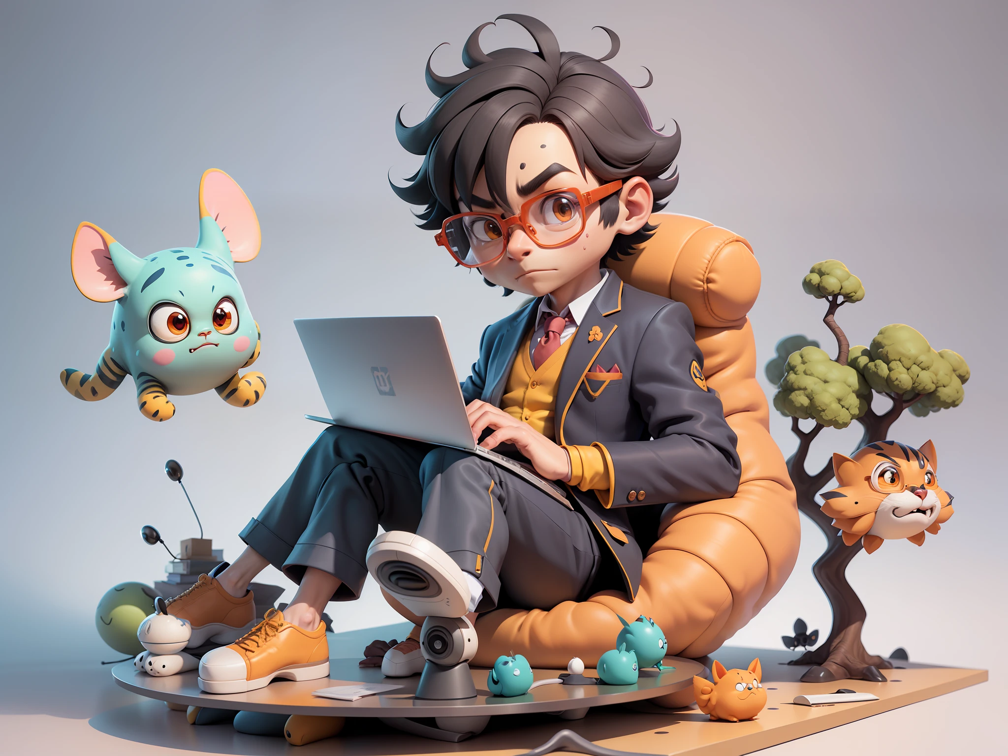 A young man in a suit, Short hair and glasses sat at his desk,holding laptop,digitial painting,tigre,3D character design by Mark Clairen and Pixar and Hayao Miyazaki and Akira Toriyama,4K HD illustration,Very detailed facial features and cartoon-style visuals。