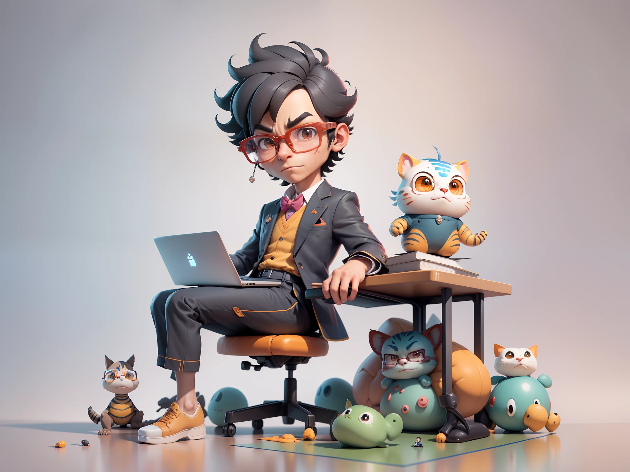 A young man in a suit, Short hair and glasses sat at his desk，holding laptop，digitial painting，tigre，3D character design by Mark Clairen and Pixar and Hayao Miyazaki and Akira Toriyama，4K HD illustration，Very detailed facial features and cartoon-style visuals。