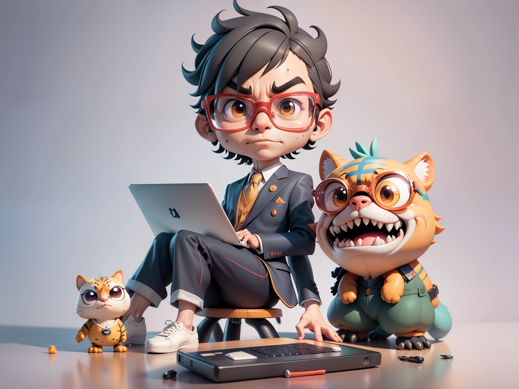 A young man in a suit, Short hair and glasses sat at his desk，holding laptop，digitial painting，tigre，3D character design by Mark Clairen and Pixar and Hayao Miyazaki and Akira Toriyama，4K HD illustration，Very detailed facial features and cartoon-style visuals。