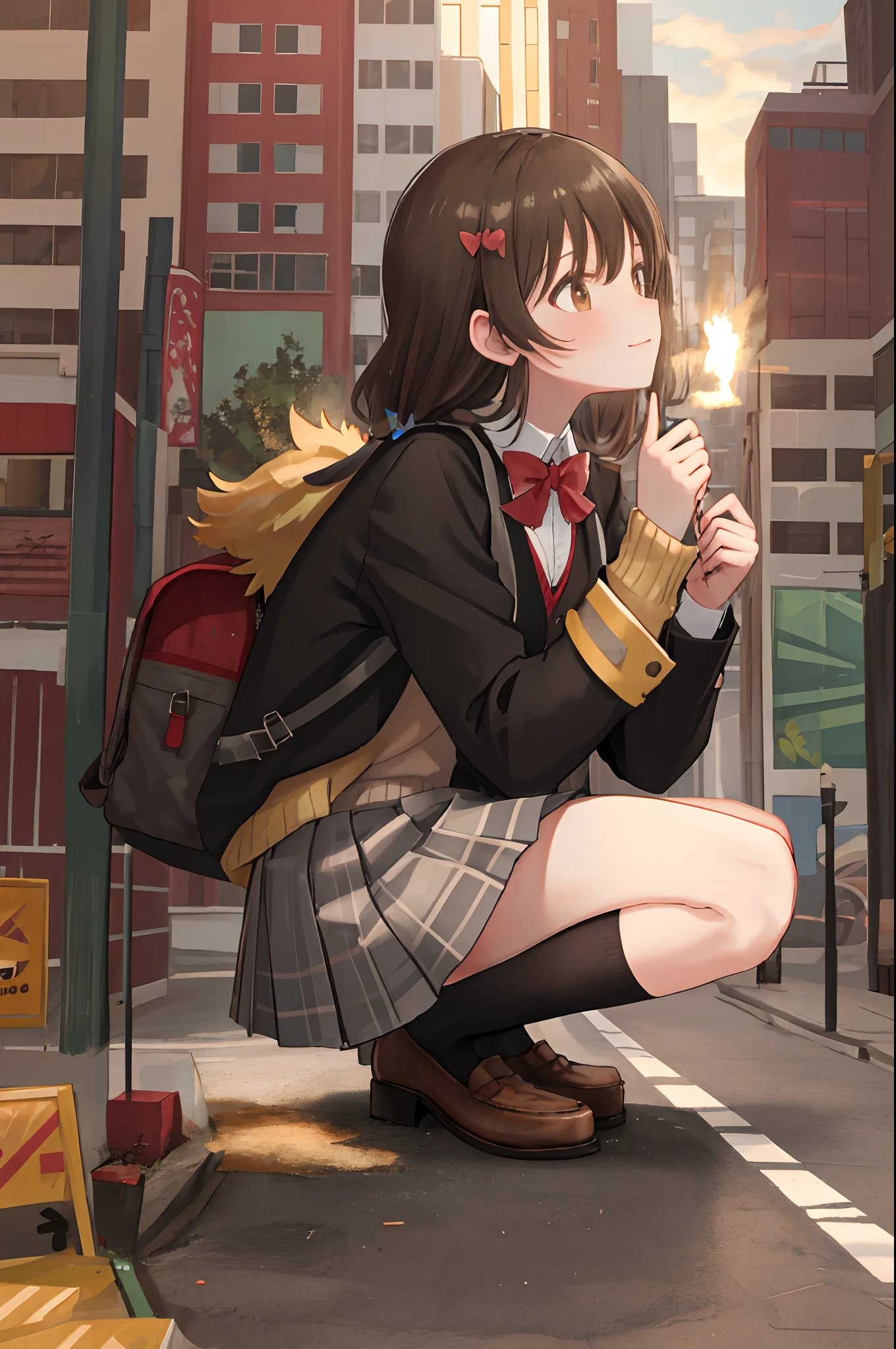 1girll, Two legs, Two hands, Bigger than the building, Masterpiece, Best quality, 1girll, Solo, Skirt, bag, Outdoors, Jacket, crouched, Socks, shoes, view the viewer, brown foot wear, school uniform, tartan, Loafer shoes, Blazer, Brown hair, plaid skirts, Black socks, Long sleeves, bangs, Open clothes, Open jacket, bow, Brown eyes, Pleated skirt, neck bowtie, day, Long hair, full body, Bush, Red bow, knee highs, shirt, Closed mouth, sleeves past wrists, Backpack, hand on own face, red bowtie, Black jacket, bookbag, Blush, plant, Brown skirt, hand on own cheek, Blurry, From the side Side, Hand up, Looks to the side, Collared shirt, Miniskirt, White shirt, Cardigan, Grass, Sweater, Light smile, Naughty, Anatomically correct, Textured skin, GTSCity, Destroyed buildings, City model,