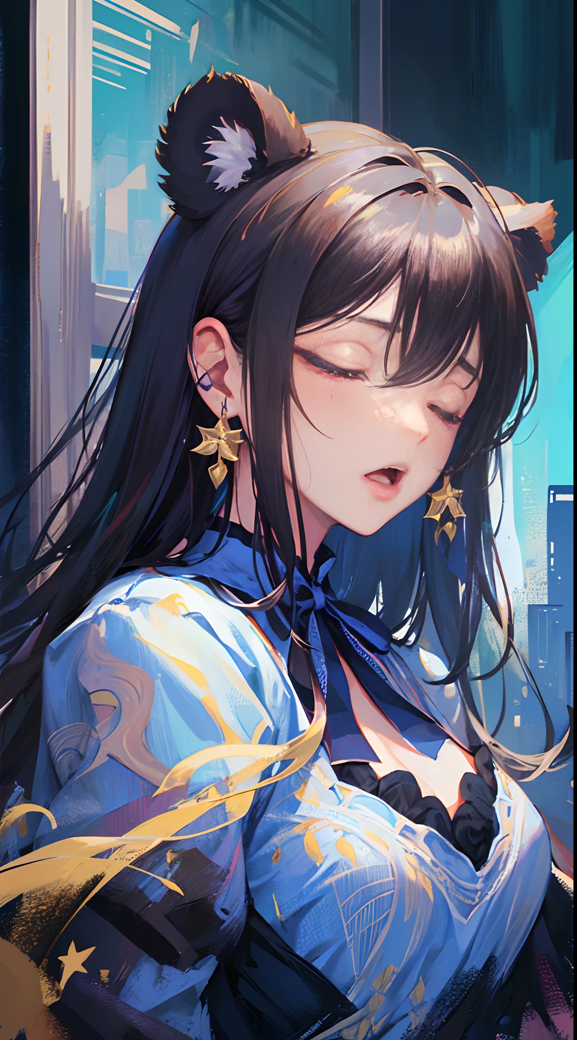 (​masterpiece:1.2、top-quality)、1womanl, length hair, long-one-piece dress, Blue Ribbon,Fantasia、超A high resolution、Detailed facial modeling、Panda ears、in 8K、Waking up in the morning、Yawn、sleepy、poster for、Fantasia
