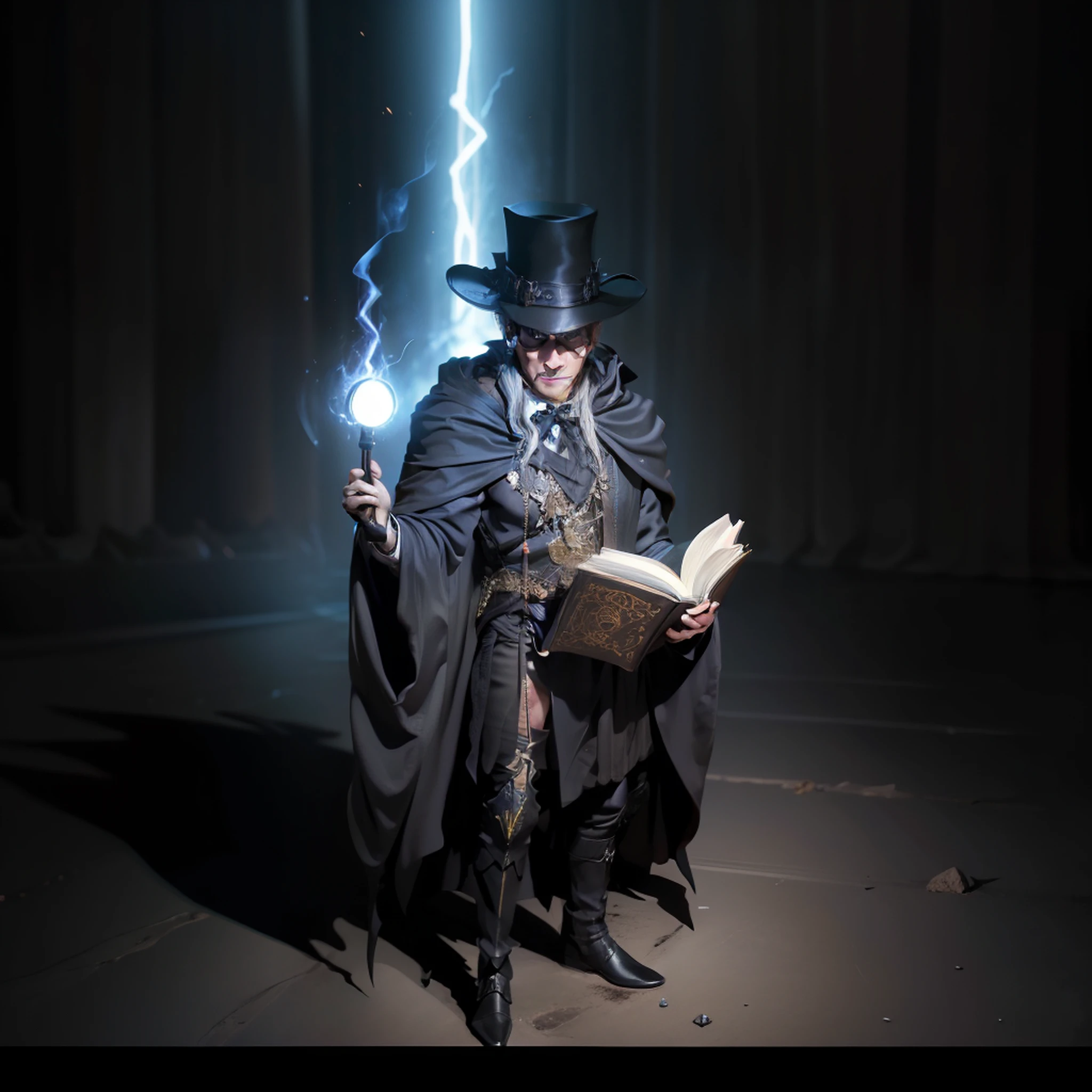 the night，wasteland，Black high hat，Black robes，monocle，Magic book in hand，Hold the staff high，Prepare to teleport the formation