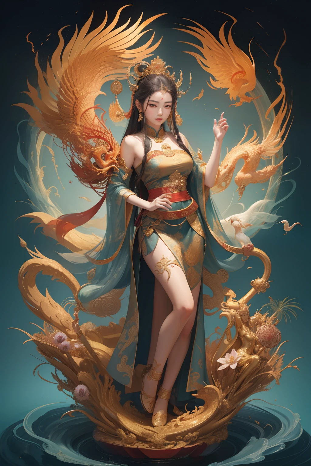 an ancient Chinese goddess, guanyin of the southern seas, Guanyin, Inspired by China, Avalokiteshvara rides a phoenix,,Serene expression,shui mo hua,Buddha,Buddhist,Lotus,Chinese painting style,Thangka style