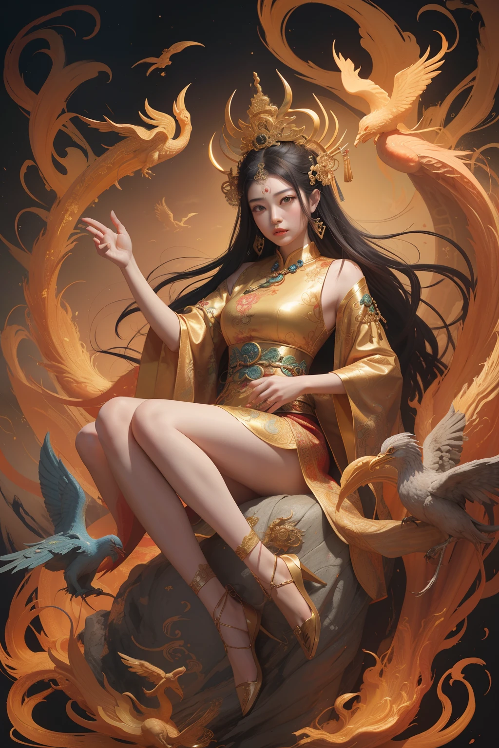 an ancient Chinese goddess, guanyin of the southern seas, Guanyin, Inspired by China, Avalokiteshvara rides a phoenix，,Serene expression,shui mo hua,Buddha,Buddhist,Lotus,Chinese painting style,Thangka style