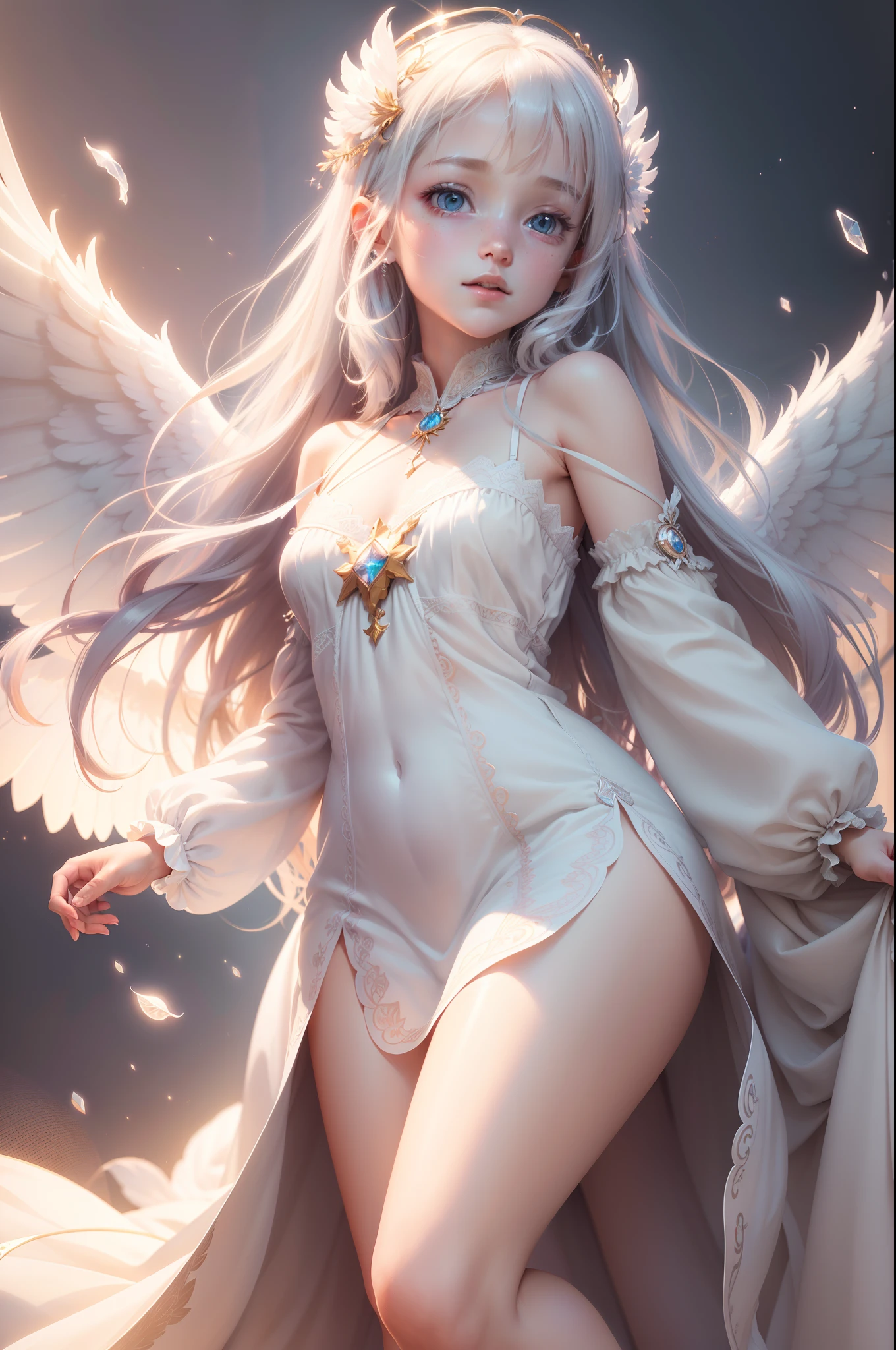 (extremely detailed CG unity 8k wallpaper, masterpiece, best quality, ultra-detailed), best lighting, beautiful and angelic, floating, celestial vibe, (1girl), innocent expression, white wings, ethereal dress, soft pastel colors, dreamy atmosphere, glowing halo