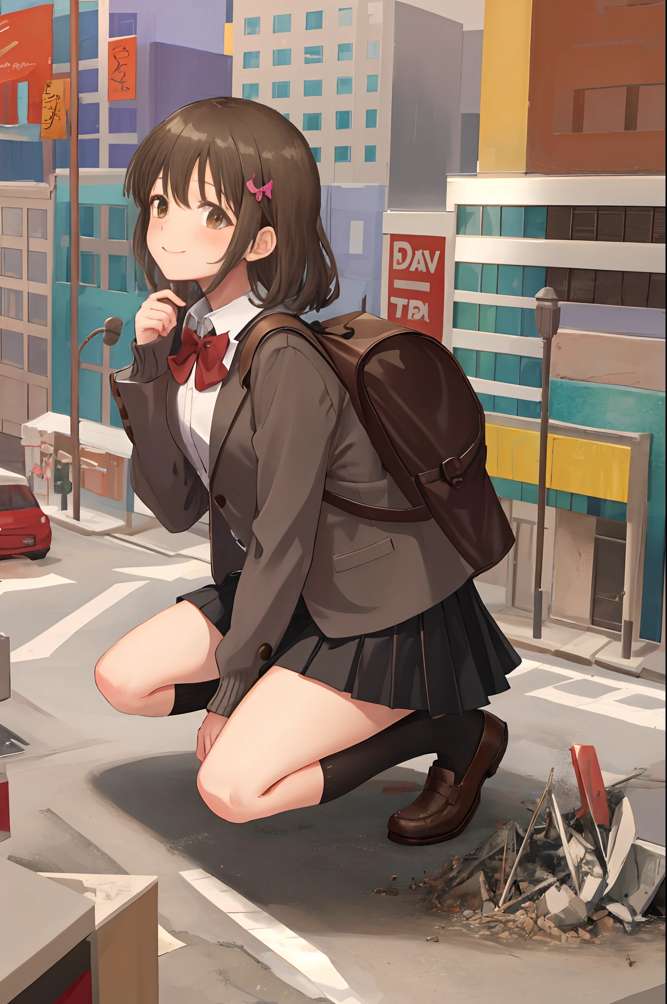 1girll, Two legs, Two hands, Bigger than the building, Masterpiece, Best quality, 1girll, Solo, Skirt, bag, Outdoors, Jacket, crouched, Socks, shoes, view the viewer, brown foot wear, school uniform, tartan, Loafer shoes, Blazer, Brown hair, plaid skirts, Black socks, Long sleeves, bangs, Open clothes, Open jacket, bow, Brown eyes, Pleated skirt, neck bowtie, day, Long hair, full body, Bush, Red bow, knee highs, shirt, Closed mouth, sleeves past wrists, Backpack, hand on own face, red bowtie, Black jacket, bookbag, Blush, plant, Brown skirt, hand on own cheek, Blurry, From the side Side, Hand up, Looks to the side, Collared shirt, Miniskirt, White shirt, Cardigan, Grass, Sweater, Light smile, Naughty, Anatomically correct, Textured skin, GTSCity, Destroyed buildings, City model,