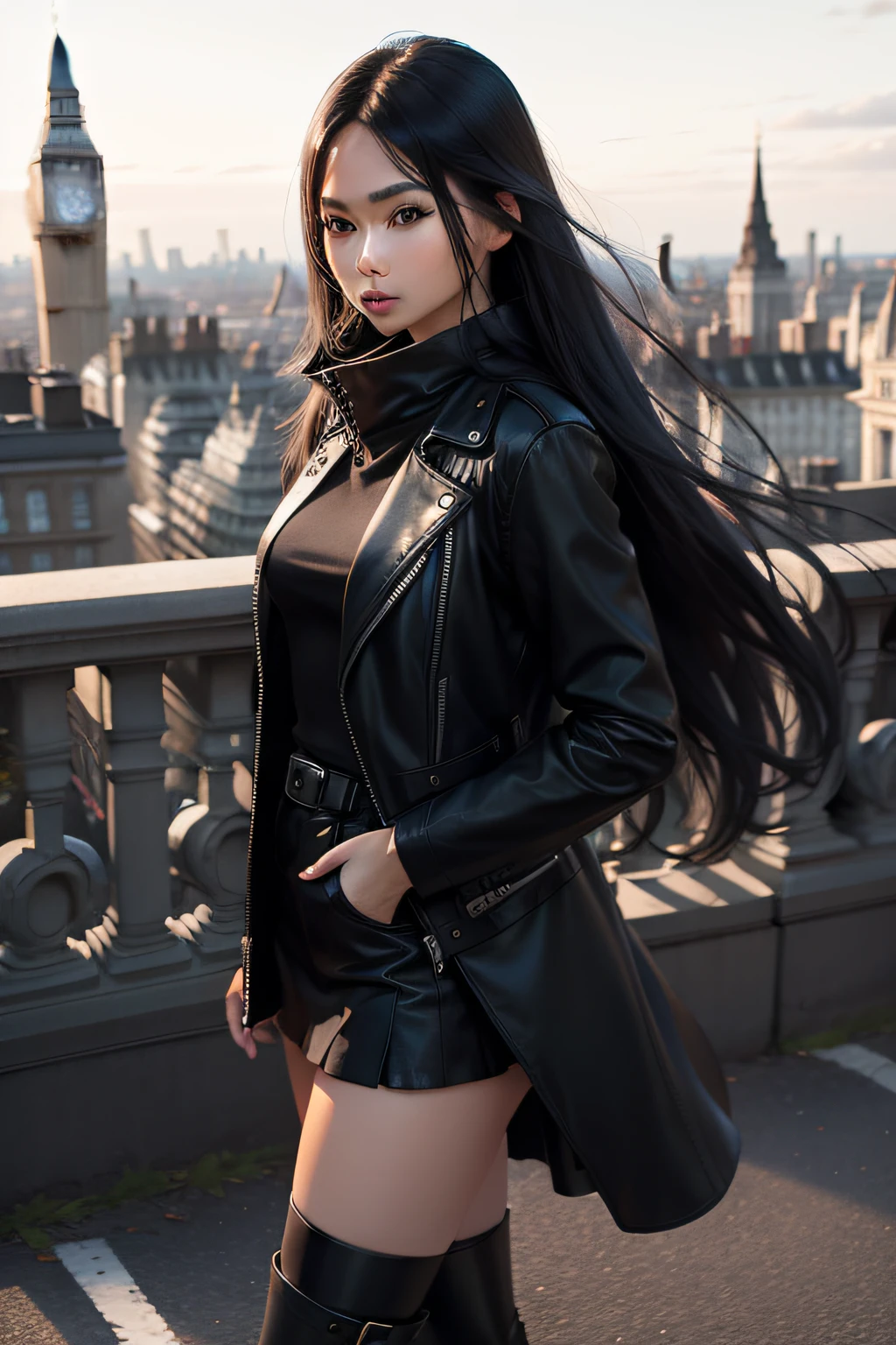 canon RF85mm young beautiful woman early 20s、slender、Tall、Black leather jacket、Black miniskirt、long boots、Long black hair、London cityscape