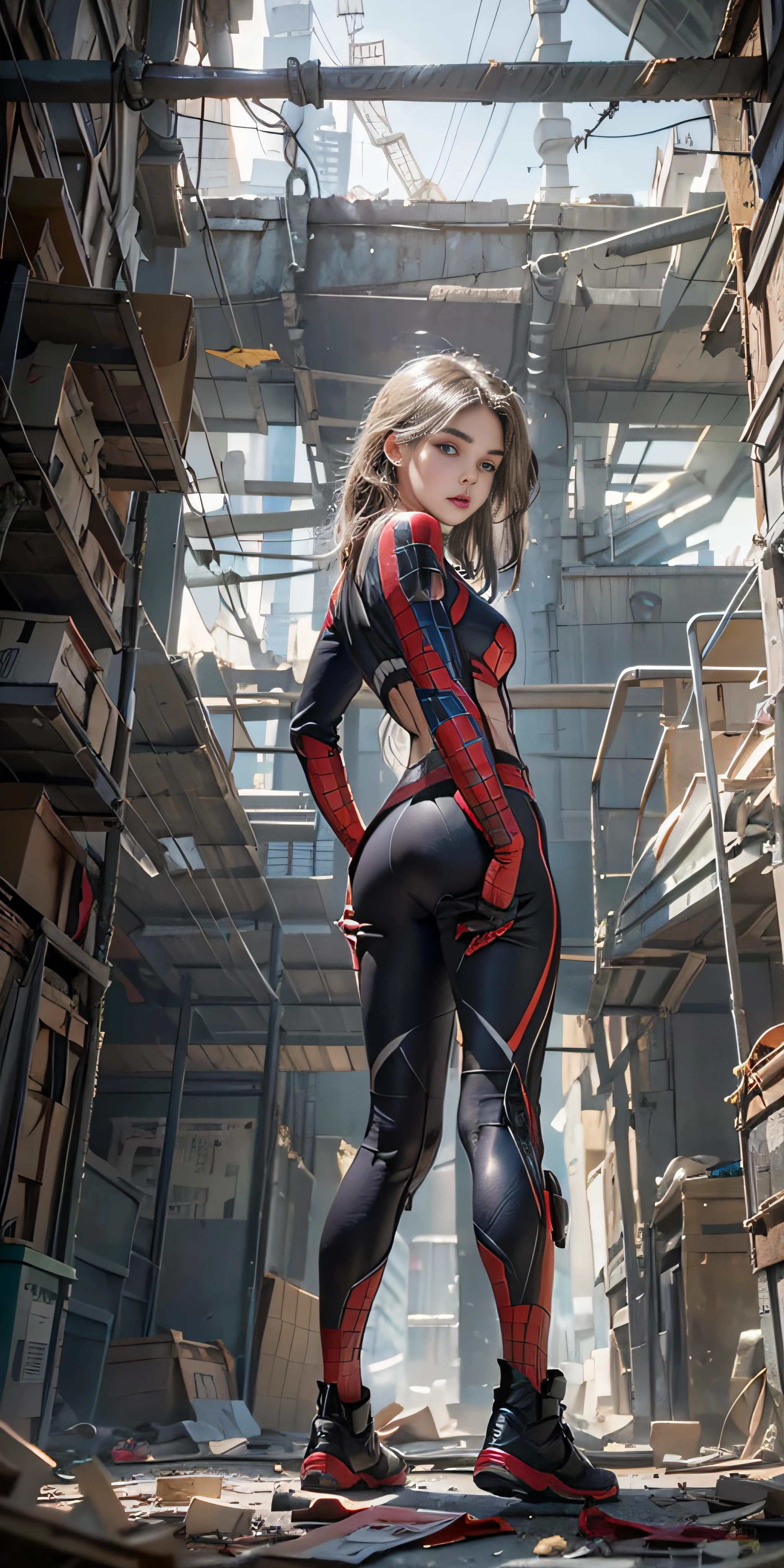 (1girl:1.3), solo, (((extremely detailed face))),(((extremely detailed eyes and face))),beautiful detailed eyes,body-parts__, official art, unified 8k wallpaper, super detailed, beautiful and aesthetic, beautiful, masterpiece, best quality, raw, masterpiece, super fine photo, best quality, super high resolution, photorealistic realism, sunlight, full body portrait, amazing beauty,, dynamic pose, delicate face, vibrant eyes, (from the front), she is wearing a Spider-man suit, red and black color scheme, spider, very detailed abandoned warehouse background, Detailed face, detailed complex busy background, messy, gorgeous, milky white, highly detailed skin, realistic skin details, visible pores, sharp focus, volumetric fog, 8k uhd, DSLR, high quality, film grain, fair skin, photo realism, lomography, huge metropolis in future dystopia, seen from below, translucent