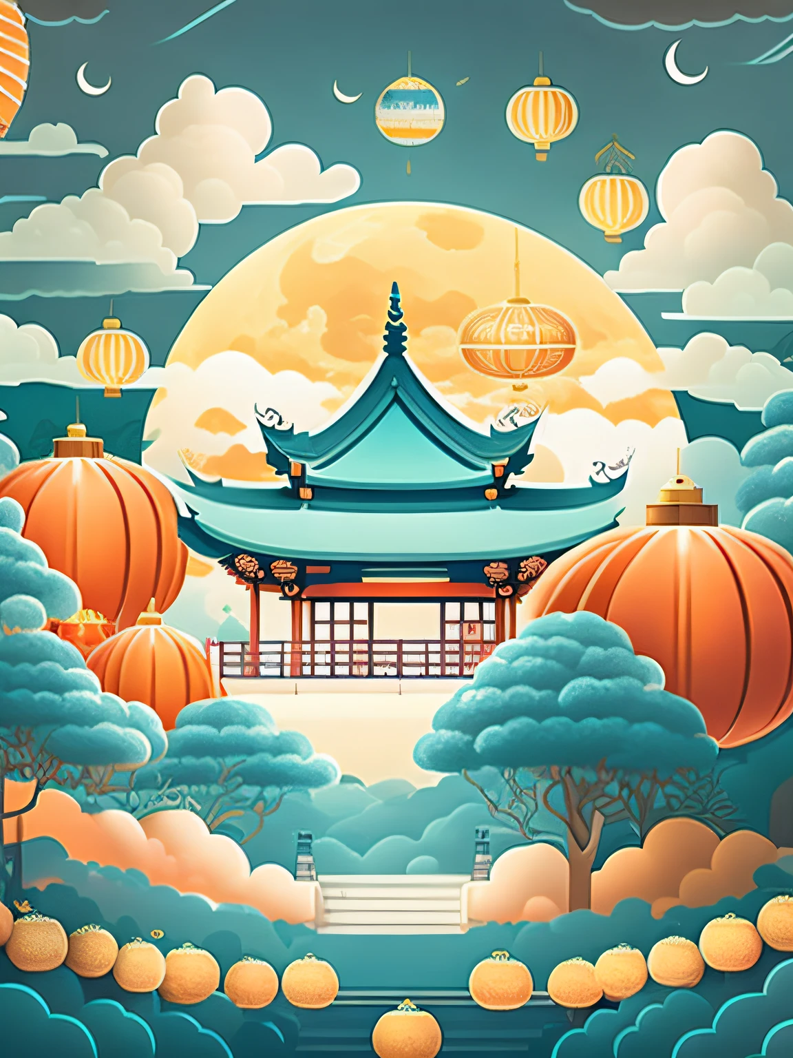 Art is commercial illustration，The theme is the Mid-Autumn Festival poster。The background is a scene of the moon and the moon palace，There are lanterns flying outside the moon。The center area of the picture is centered and typeset，The main body is Jade Rabbit making mooncakes。laurel、mont、Eau、Clouds and other details decorated，T-shirt design，rzminjourney，vectorial art