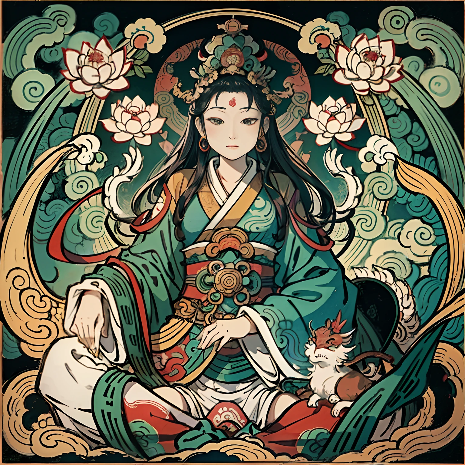 an ancient Chinese goddess, guanyin of the southern seas, Guanyin, Inspired by India, Avalokiteshvara rides a dragon，,Serene expression,shui mo hua,Buddha,Buddhist,Lotus,Chinese painting style,Thangka style