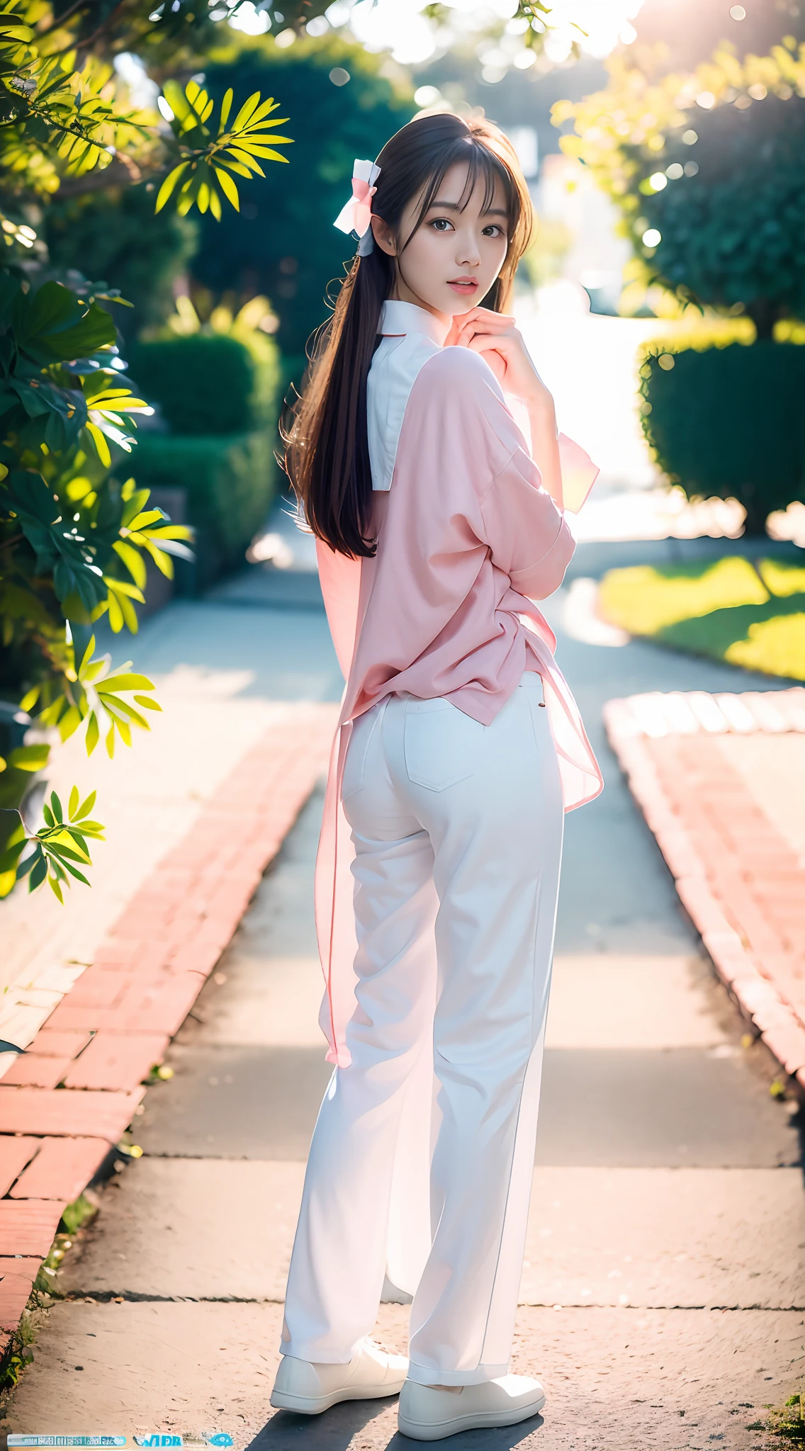 1 beautiful woman taking pictures on the grass of the villa,RAW photos,tmasterpiece,(highdetailskin:1.2),8k ultra high definition,digital SLR camera,gentlesoftlighting,high high quality,filmgrain,富士XT3,20 years old Asian woman,Wear simple clothes,(White long nurse uniform:1.2 and long skinny jeans:0.7,Detailed clothing details:1.3),perfect body figure,Perfect breasts and nipple bulge,The legs are straight and slender,Branded stylish shoes:0.6,Super detailed facial details and skin,Fair pink face and skin,The skin is pink,with light glowing,二重まぶた,Super detailed eyes,Wear a mask:1.5, (Gloss on lips, eyeslashes, Glossy face, Best quality, Super high resolution, warm color,Wide lighting, naturalshadow),taken from behind, Show off your beautiful body, Full body shooting: 1.8