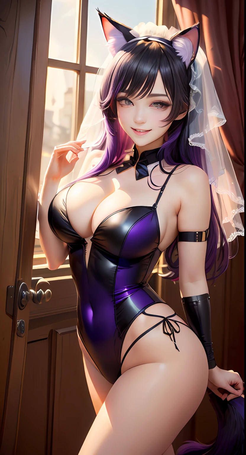 Black hair, long eyelasher, Fake animal ears, Light smile, Fang, Purple hair, Black hair, pony tails, double tails, Very long hair, widow peak, Hair ribbon, maid headdress, mouth veil, Earphone, flowers in head, Heart-shaped pupils, aqua eyes, Purple eyes, Pink eyes, Fox ears, Cat ears, grin, Naughty face, Light blush, chin grab, shadowing, stereograms, tachi-e, Atmospheric perspective, hyper photorealism, 8K, Super detail, ccurate, Best quality, A high resolution, High quality, Anatomically correct, 巨作, A beautyful girl,crisp breasts,cleavage,slender leg,Big breasts Thin waist,White flowers