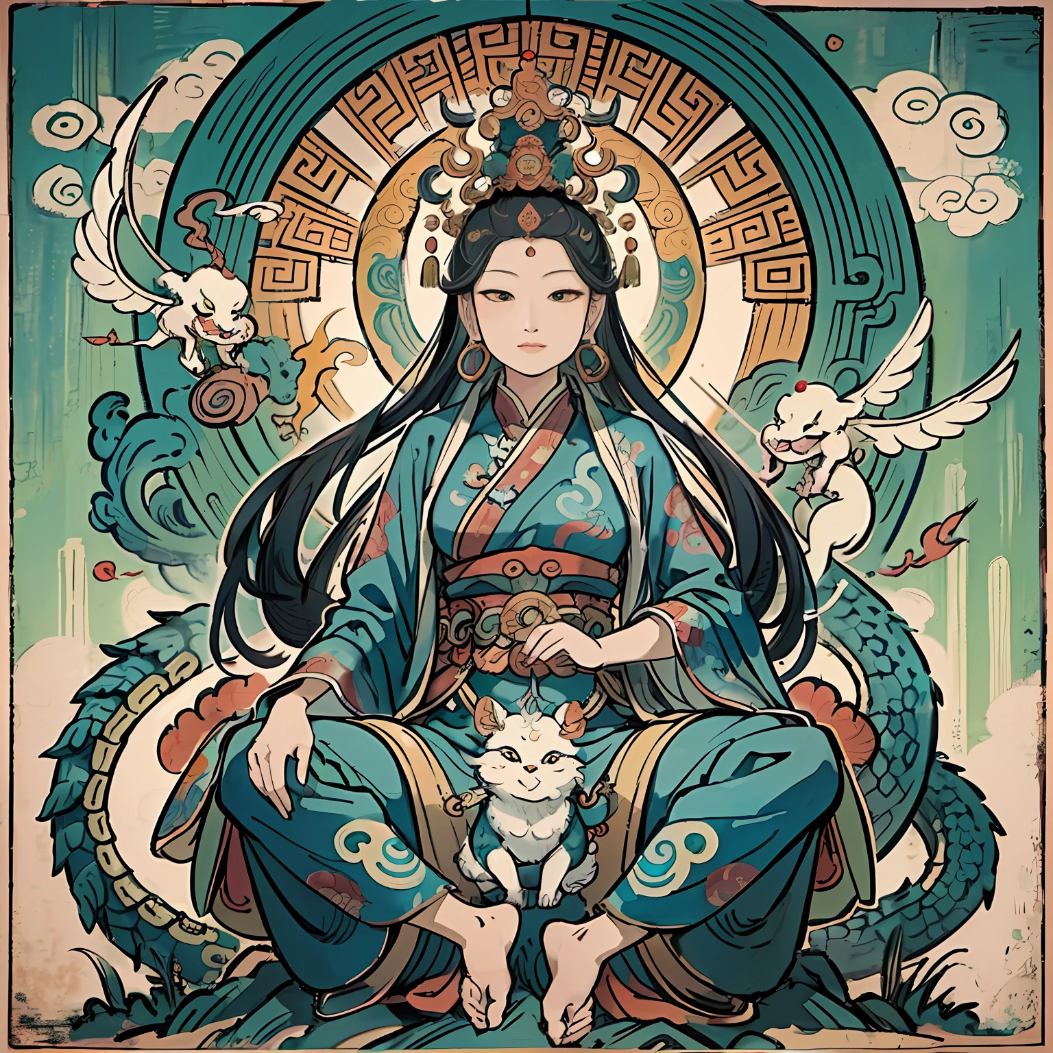 an ancient Chinese goddess, guanyin of the southern seas, Guanyin, Inspired by India, Avalokiteshvara rides a dragon,,Serene expression,shui mo hua,Buddha,Buddhist,Lotus,Chinese painting style,Thangka style