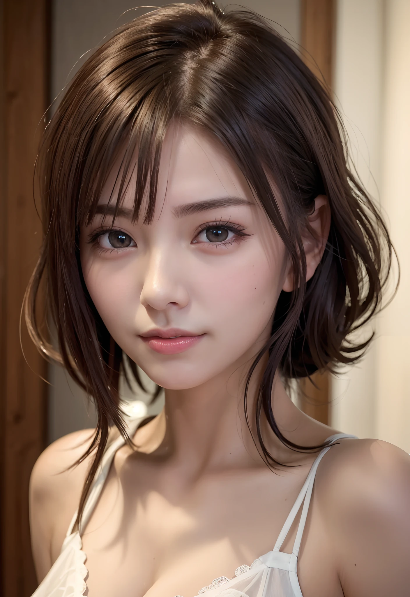 Night, RAW Photography, (((Very Beautiful Portrait))), (Very Beautiful Portrait))), 1 Girl, Sexy 25 Year Old Girl, ((Natural Brown Hair with Short Cuts)), [Brown Eyes],Gentle Smile Staring at the Camera(cleavage), ((Masterpiece, Best Quality, Ultra Detail, Cinematic Lights, Intricate Detail, High Definition, 8k, Very Detailed)), Detail Background, 8k UHD, DSLR, soft lighting, high quality, film grain, fujifilm XT3, shallow depth of field, natural light, perfect face