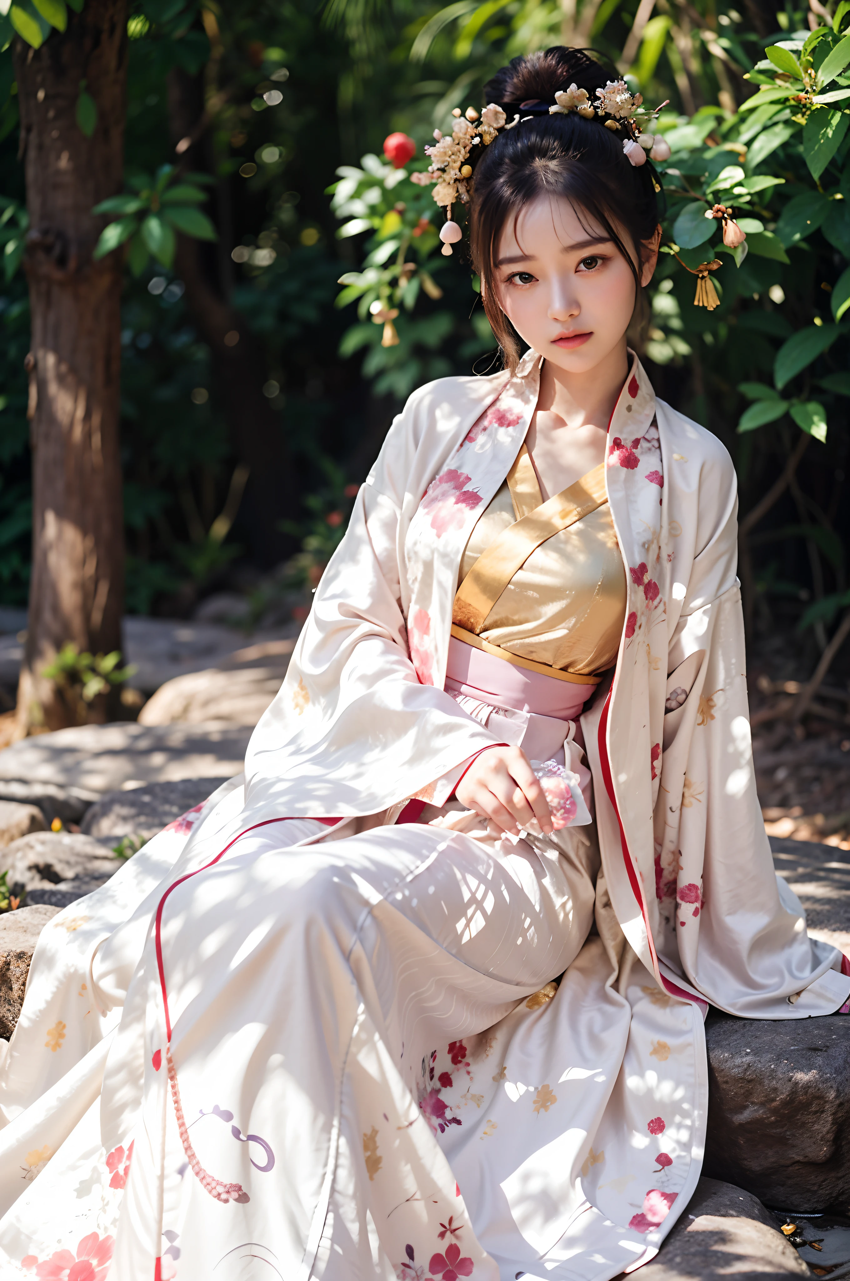 Araki woman sitting on a park rock in a kimono,Hanfu,White Hanfu,palace,A girl in Hanfu,flowing magical robe,pale and coloured kimono,Gorgeous silk clothes,Luxurious silk cloak,long beautiful flowing kimono,pale pink and gold kimono,Ancient Chinese clothes,intricate geisha kimono。