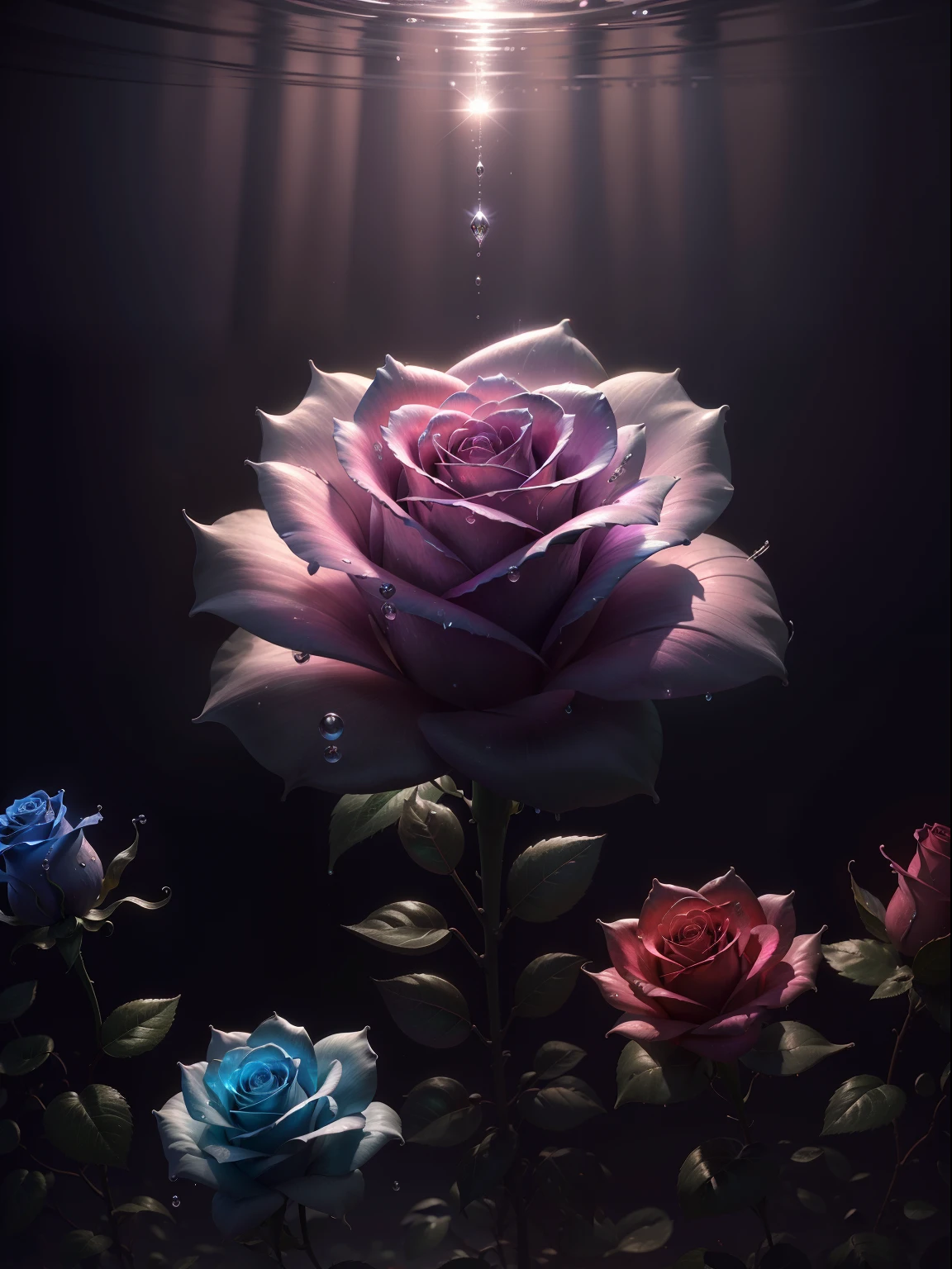 ((A rose flower)), super transparent, Holy Light, beautiful spectral light, petals glow, flashes, Dark background, drops of transparent light, reflective light, Bright, light streaming in, optics, Sharp Focus, Magical, Convoluted, A hyper-realistic, Fantasy composition, light, Trending in art stations, pearls, patronus cloud of silvery vapor, corrosive enveloping ray family, 8K, ureal ar 23v4 uplight