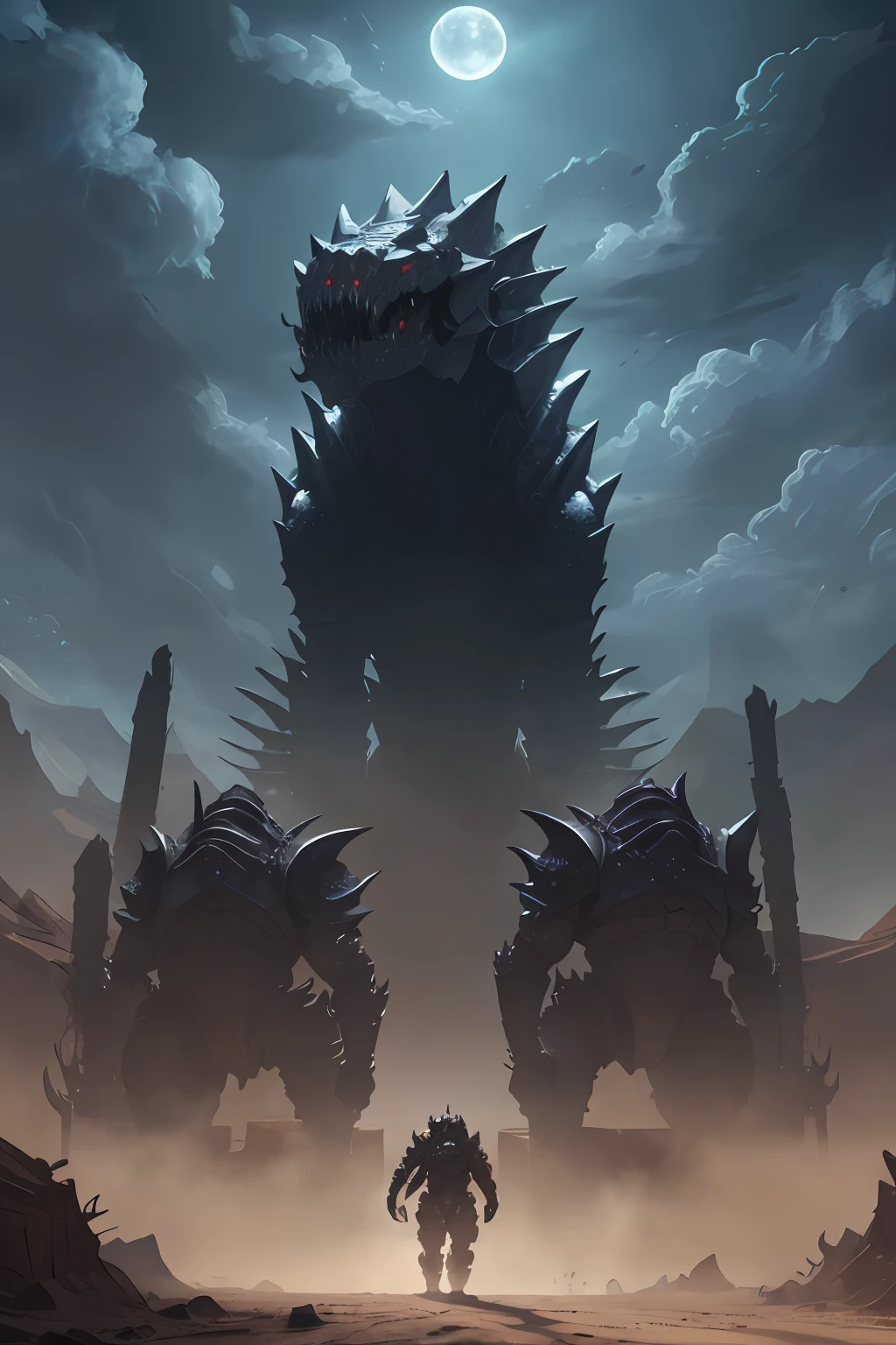 epic video game key visual, giant armored creature, horde, skeletal army, many approaching in an ancient desert windy dust debris storm landscape midnight moonlight foreground debris
(zrpgstyle) (masterpiece:1.2) (illustration:1.1) (best quality:1.2) (detailed) (intricate) (8k) (HDR) (wallpaper) (cinematic lighting) (sharp focus)