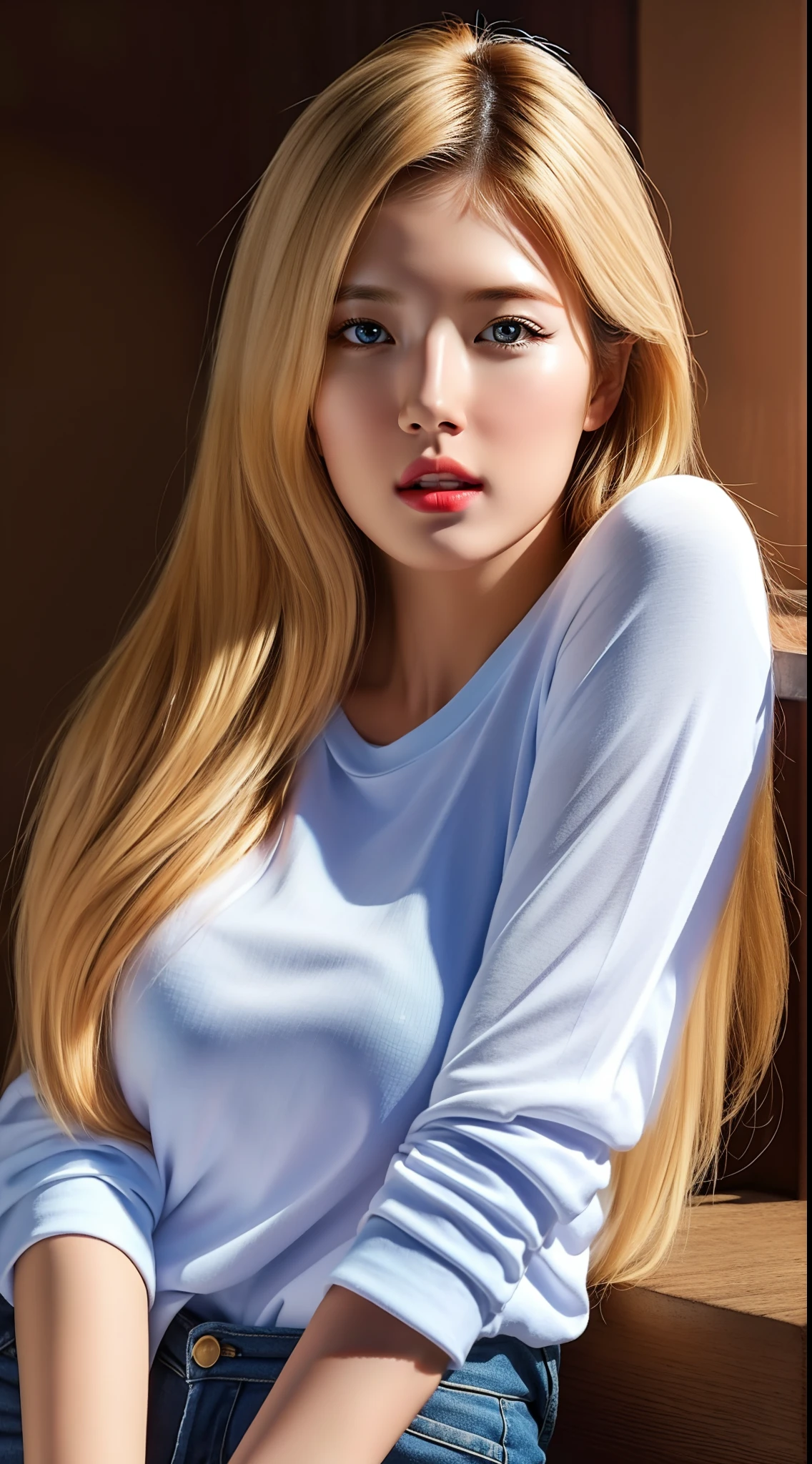 (hyperrealistic), (illustration), (high resolution), (8K), (extremely detailed), (best illustration), (beautiful detailed eyes), (best quality), (ultra-detailed), (masterpiece), (wallpaper), (photorealistic:1.4), (natural light), (rim lighting), (detailed face), high detailed realistic asian skin texture, anatomically correct, solo, 1 girl, (high detailed realistic long blonde hair:1.3), heterochromic eyes, (detailed blue eyes), small moles under the eyes, (realistic big breasts:1.5), long legs, tight abs, dynamic pose, white tight t-shirt, (upon body from head to thighs:1.4)