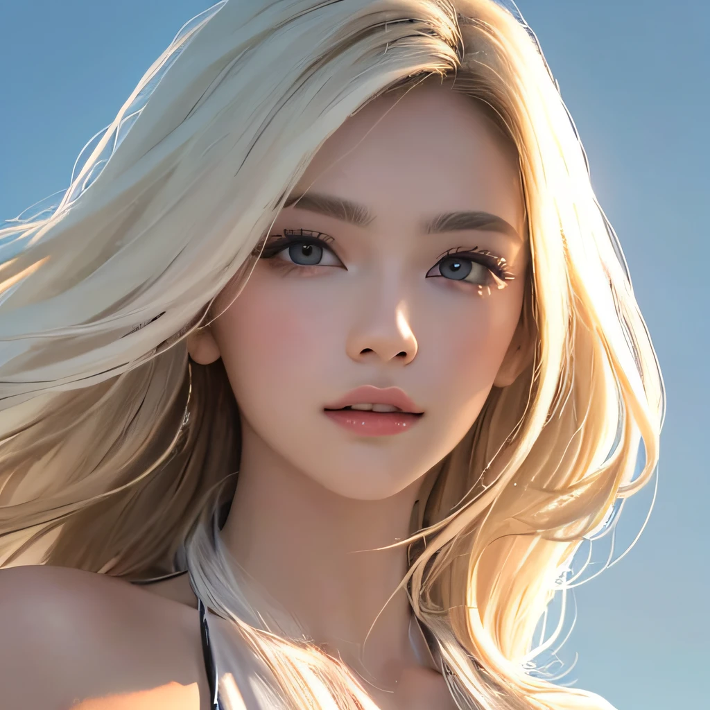 (8K, RAW Photos, of the highest quality, Masterpieces: 1.2), (Realistic, Photorealistic: 1.37), Highest Quality, Ultra High Resolution, light  leaks, Dynamic lighting, Slim and smooth skin, (Full body:1.3), (Soft Saturation: 1.6), (Fair skin: 1.2), (Glossy skin: 1.1), Oiled skin, 22 years old, Night, shiny white blonde, Well-formed, Hair fluttering in the wind, Close-up shot of face only, Physically Based Rendering, From multiple angles, The bikini