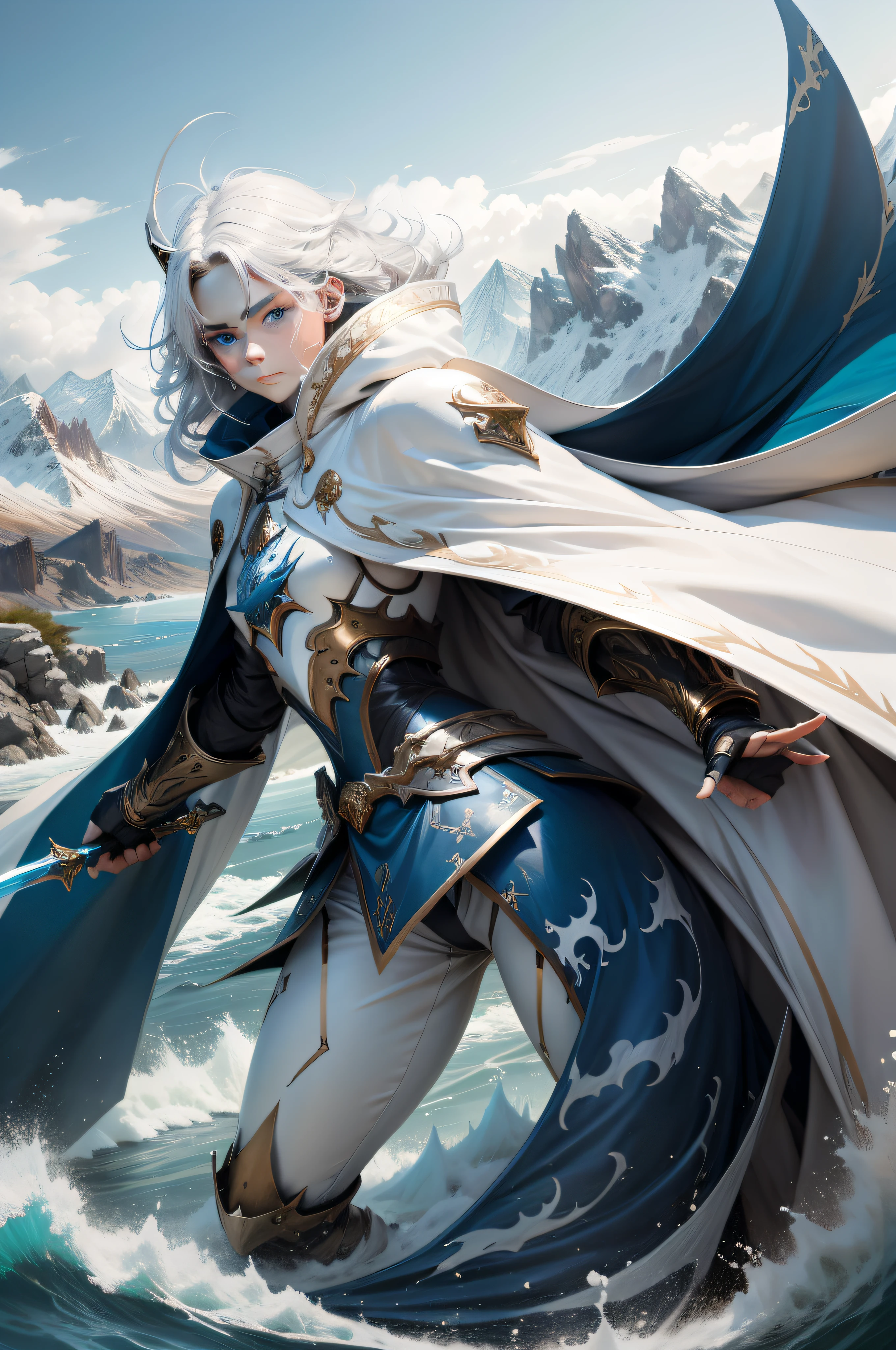 whaite hair,Manteau blanc,Blue eyes,holding a longsword,The figure is flowing,The background is mountains and rivers,Blue dragons soar in the sky