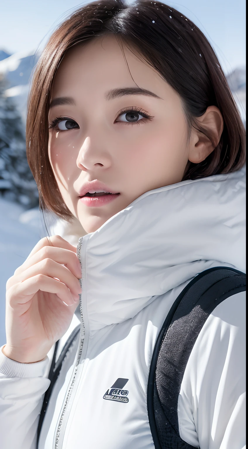 (Top image quality、8k)、Wearing ski wear、Raw photo、realisitic、reallistic、(The whole body is shown、Overall view from a distance)、Shorthair、Being in the snowy mountains、Super cute、Pretty Woman、A detailed eye、drooing eyes、detailed mouth、Detailed nose、Beautiful skin、detailed finger