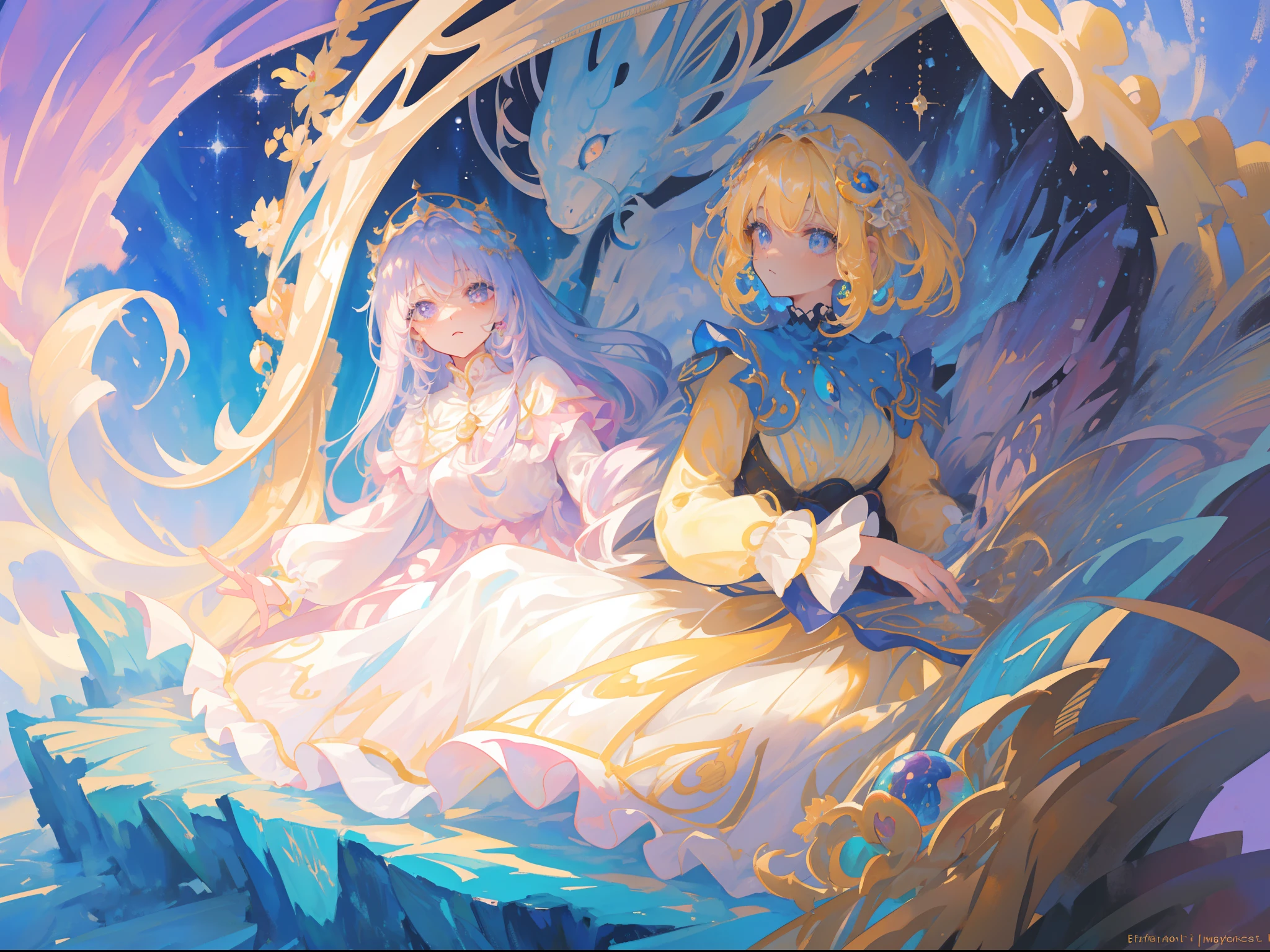 masterpiece, best quality, 8k resolution, sharp focus, intricate detail, beautiful girl, sparkling eyes, golden ratio face, otherworldly liquid, watercolor, pastel colors, bright colors, whimsical, colorful, sharp focus, high resolution, fine detail, ((layered tiered puffy long sleeves ballgown)), ((round eyes)), iridescent bubbles, fantasia background