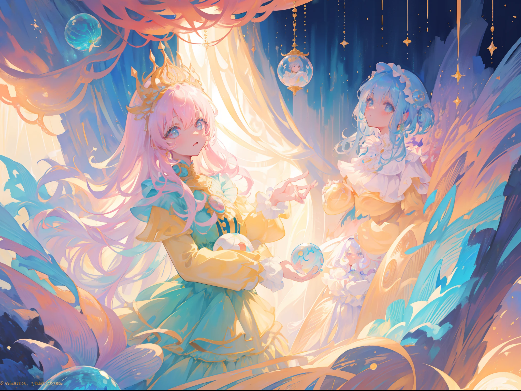 masterpiece, best quality, 8k resolution, sharp focus, intricate detail, beautiful girl, sparkling eyes, golden ratio face, otherworldly liquid, watercolor, pastel colors, bright colors, whimsical, colorful, sharp focus, high resolution, fine detail, ((layered tiered puffy long sleeves ballgown)), ((round eyes)), iridescent bubbles, fantasia background