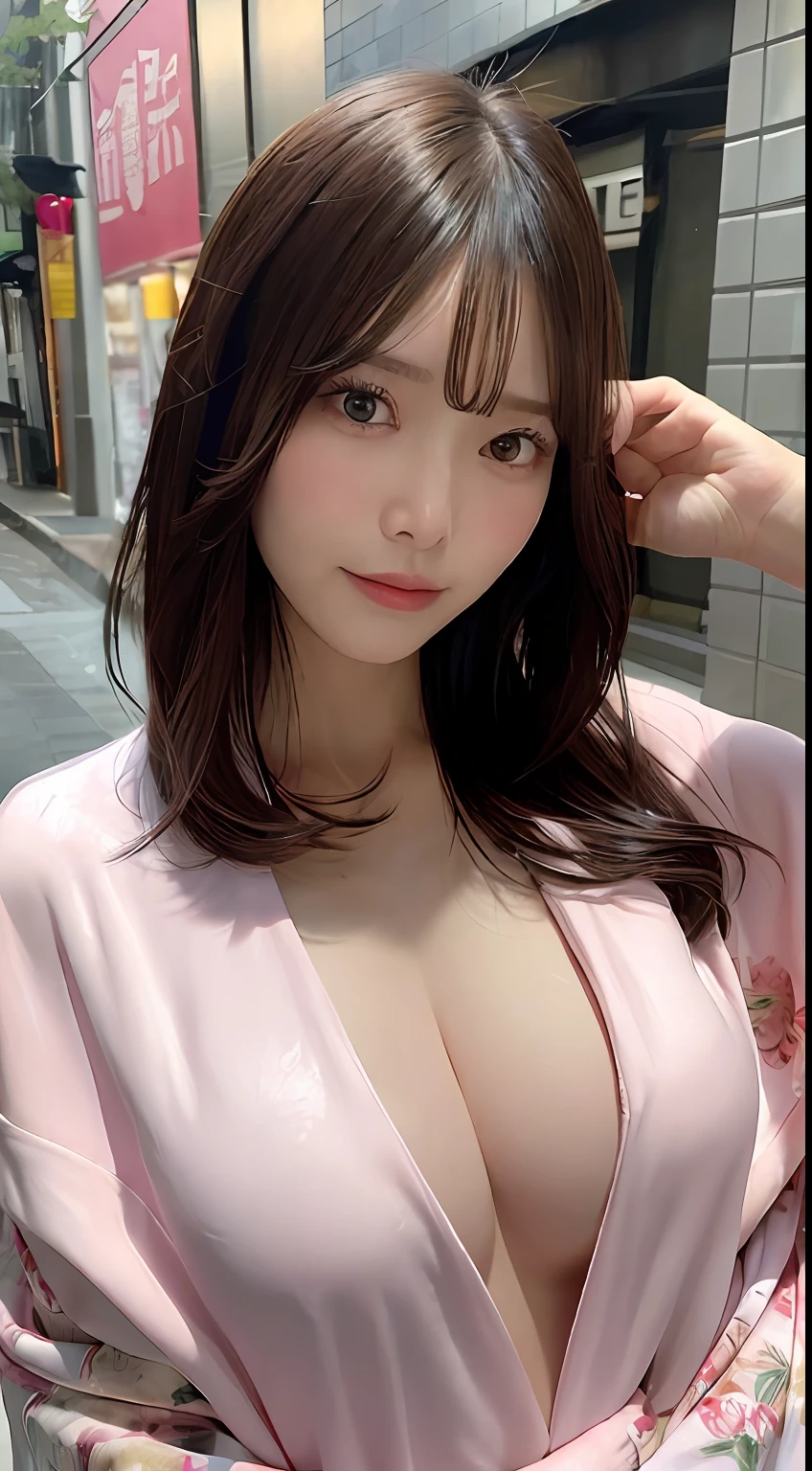 ((top-quality、8k、masterpiece:1.3))、Sharp Focus:1.2、Beautiful Women in Perfect Style:1.4、Slender Abs:1.2、((dark brown hair、huge tit:1.2))、(pink there、、with floral pattern、bathrobe、:1.1)、street:1.2、Highly detailed facial and skin texture、A detailed eye、二重まぶた