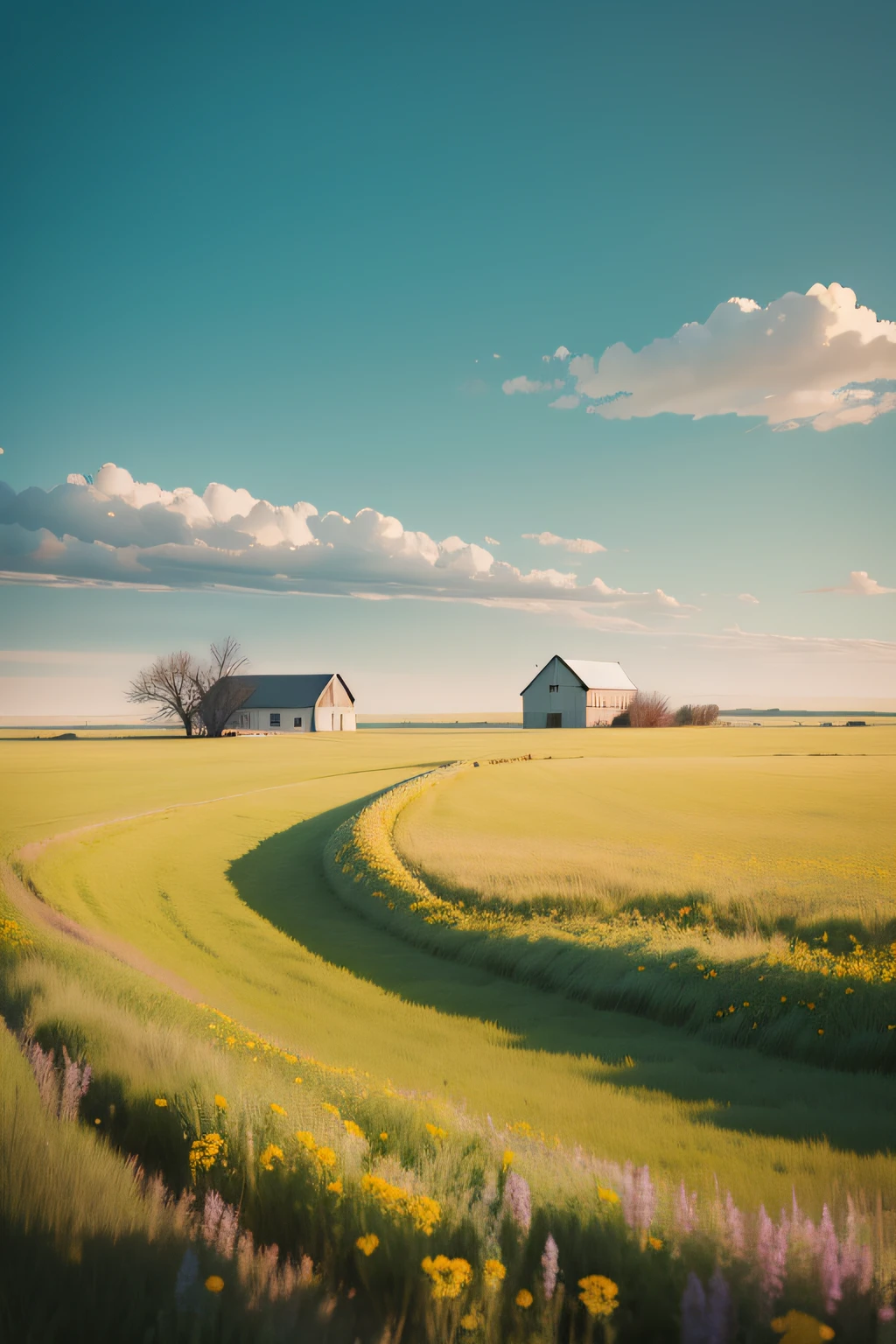 Stunning, Galen's gorgeous minimalist illustrations:: An epic vista of the Great Plains，Fields full of green wildflowers，Only lonely farmhouse:: --AR 2:1 --s 1000 --Chaos 100