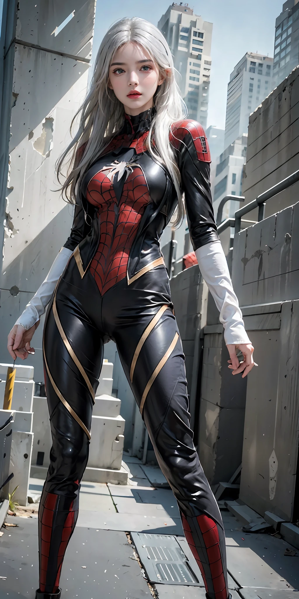(1girl:1.3), solo, (((extremely detailed face))),(((extremely detailed eyes and face))),beautiful detailed eyes,body-parts__, official art, unified 8k wallpaper, super detailed, beautiful and aesthetic, beautiful, masterpiece, best quality, raw, masterpiece, super fine photo, best quality, super high resolution, photorealistic realism, sunlight, full body portrait, amazing beauty,, dynamic pose, delicate face, vibrant eyes, (from the front), she is wearing a Spider-man suit, red and black color scheme, spider, very detailed abandoned warehouse background, Detailed face, detailed complex busy background, messy, gorgeous, milky white, highly detailed skin, realistic skin details, visible pores, sharp focus, volumetric fog, 8k uhd, DSLR, high quality, film grain, fair skin, photo realism, lomography, huge metropolis in future dystopia, seen from below, translucent, white hair