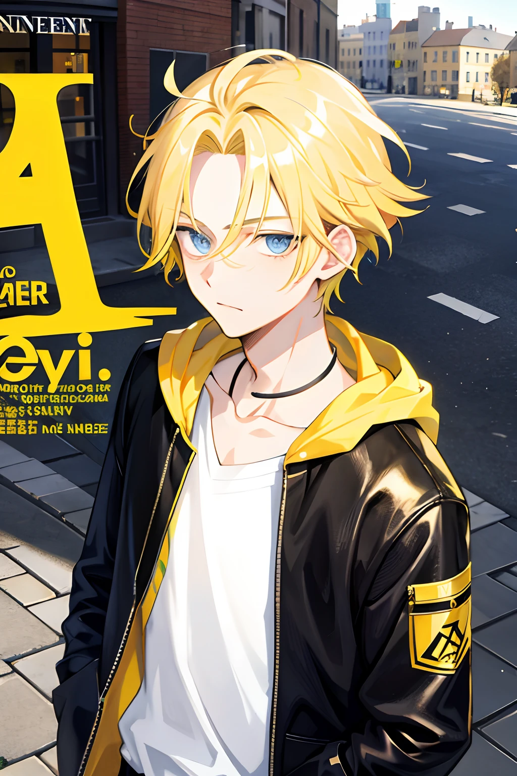 1 boy,cool guy,Yellow-haired,comma hair,Forehead comma hair,Street style,Shiny,eBlue eyes,looking at viewert,The upper part of the body,MagazineCover