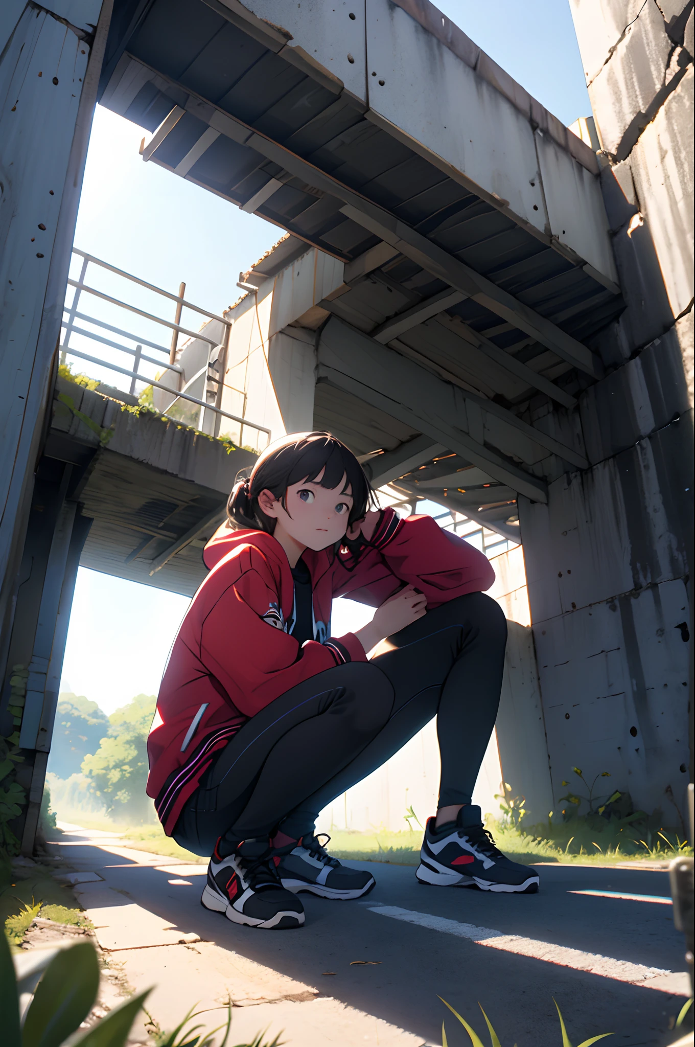  outdoors squatting with one hand and leg and blocking the sun against the wall Under the bridge The sun shines obliquely