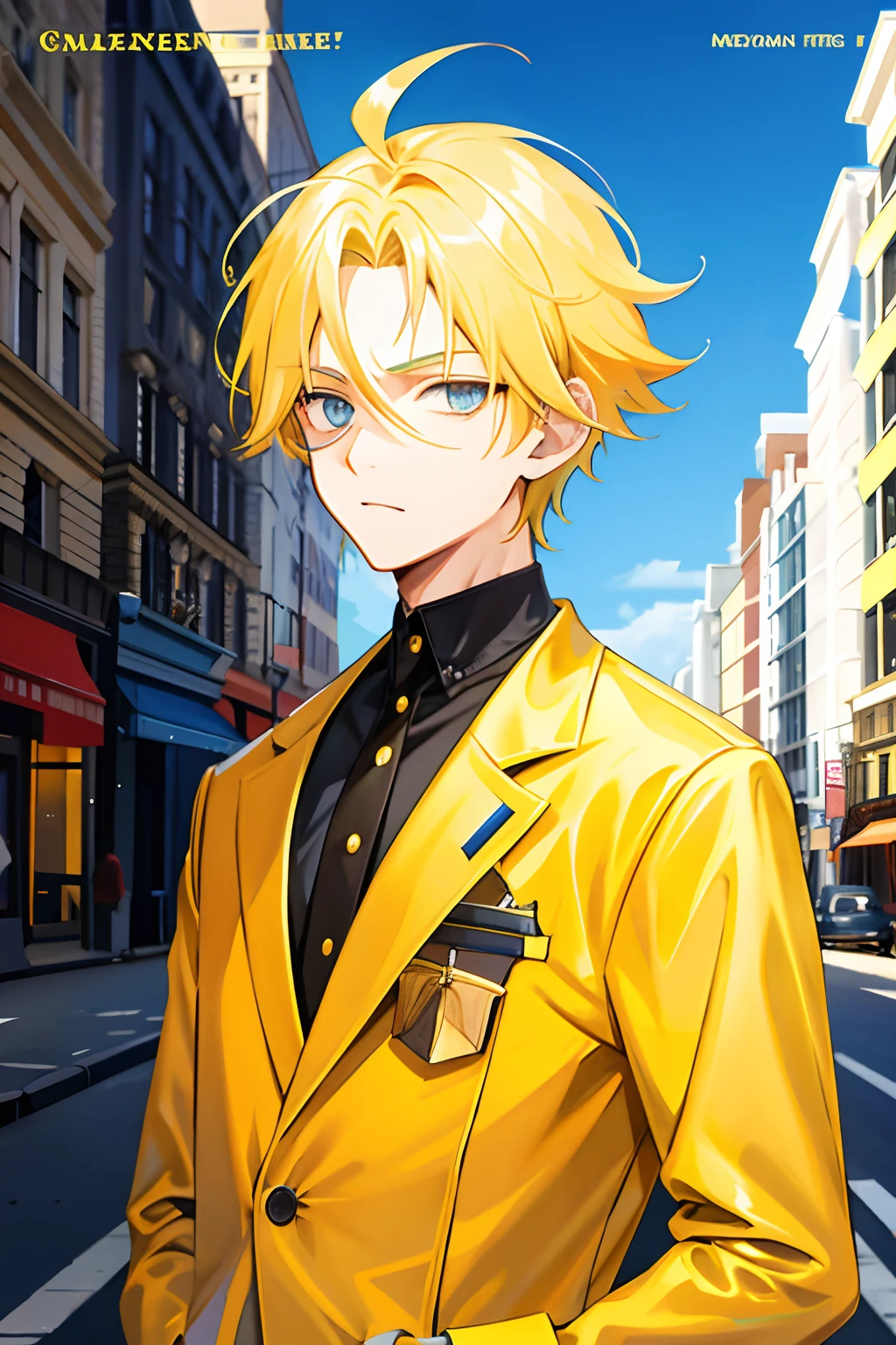 1 boy,cool guy,Yellow-haired,comma hair,Forehead comma hair,Street style,shiny,eBlue eyes,looking at viewert,The upper part of the body,MagazineCover