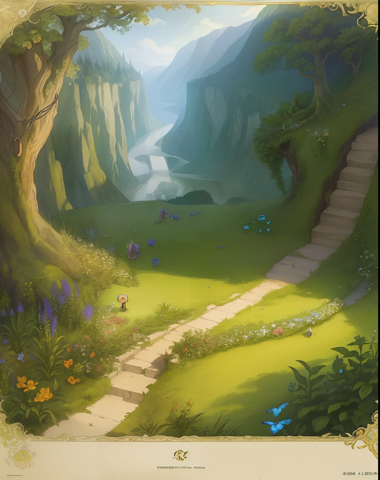 (Masterpiece:1.1),(illustartion:1.1),(Best Quality), scenery, exteriors,Place, full of gardens, suspended on ropes, chains and butterflies, with small details throughout,middle earth: A vast and ancient world, House of the Elves, Gnomes, The Hobbits, and wizards,Taiga,Town,sash, Obzor, Bird's-eye view
,