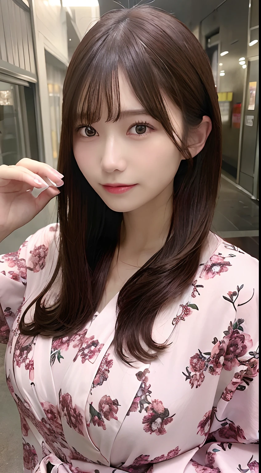 ((top-quality、8k、masterpiece:1.3))、Sharp Focus:1.2、Beautiful Women in Perfect Style:1.4、Slender Abs:1.2、((dark brown hair、huge tit:1.2))、(pink there、、with floral pattern、bathrobe、:1.1)、street:1.2、Highly detailed facial and skin texture、A detailed eye、二重まぶた