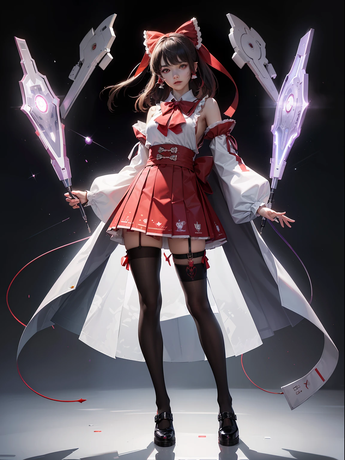 (full body:1.5)，(1girl:1.3),(looking at viewer:1.4)，(anatomy correct:1.3),(Wearing Reimu Hakurei set mix iron man Set JK uniform printed Ultra short pleated skirt and JK uniform leather shoes with bow decoration ，and Very thick Printed Lolita Pantyhose :1.35), (Light particle effect:1.3),(In pink | amarelo | blue colors| green color |red colors | white colors| black in color| purpleish color| greys| Beige| Flesh color 1.4)，(Glowing eyes:1.3),(Large amplitude action: 1.3)，(Accurate and perfect face:1.4),(Clothing Gloss:1.25),(Skin reflection:1.25),hyper HD, Ray traching, reflective light，structurally correct, Award-Awarded, high detal, lightand shade contrast, Face lighting，cinmatic lighting, tmasterpiece, super detailing, high high quality, high detal, best qualityer, 16k，high contrast,