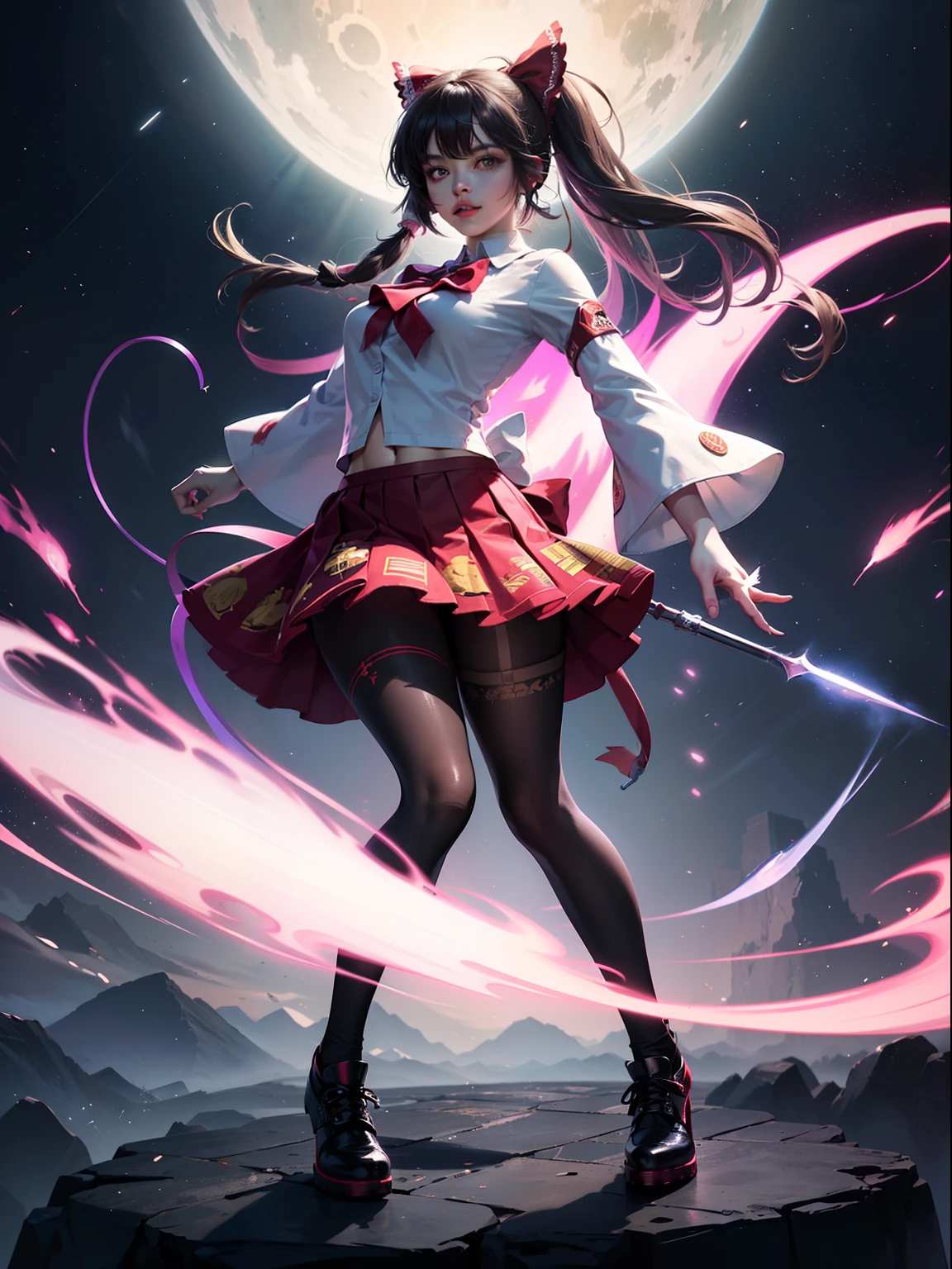 (full body:1.5),(1girl:1.3),(looking at viewer:1.4),(anatomy correct:1.3),(Wearing Reimu Hakurei set mix iron man Set JK uniform printed Ultra short pleated skirt and JK uniform leather shoes with bow decoration ,and Very thick Printed Lolita Pantyhose :1.35), (Light particle effect:1.3),(In pink | amarelo | blue colors| green color |red colors | white colors| black in color| purpleish color| greys| Beige| Flesh color 1.4),(Glowing eyes:1.3),(Large amplitude action: 1.3),(Accurate and perfect face:1.4),(Clothing Gloss:1.25),(Skin reflection:1.25),hyper HD, Ray traching, reflective light,structurally correct, Award-Awarded, high detal, lightand shade contrast, Face lighting,cinmatic lighting, tmasterpiece, super detailing, high high quality, high detal, best qualityer, 16k,high contrast,